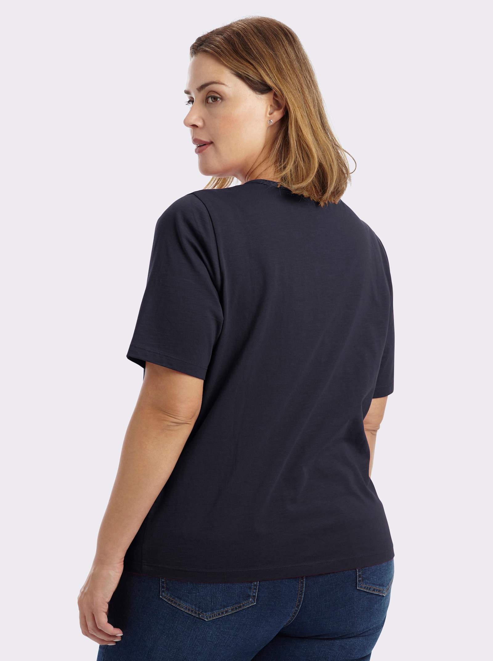 sheego Kurzarmshirt mit Bindeband am Ausschnitt - tiefblau