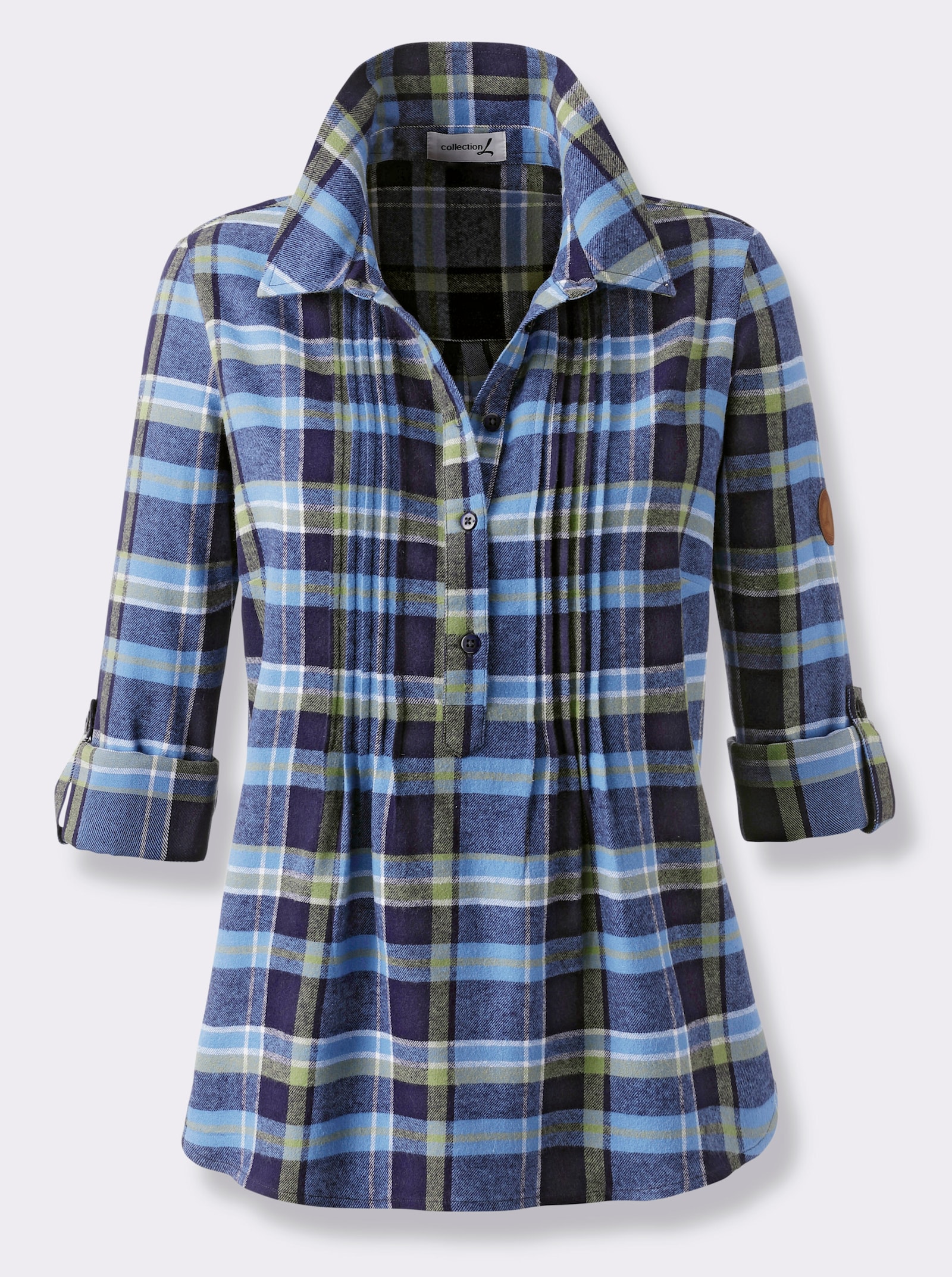 Flanellbluse mit Biesen-Verzierung - marine-schilf-kariert