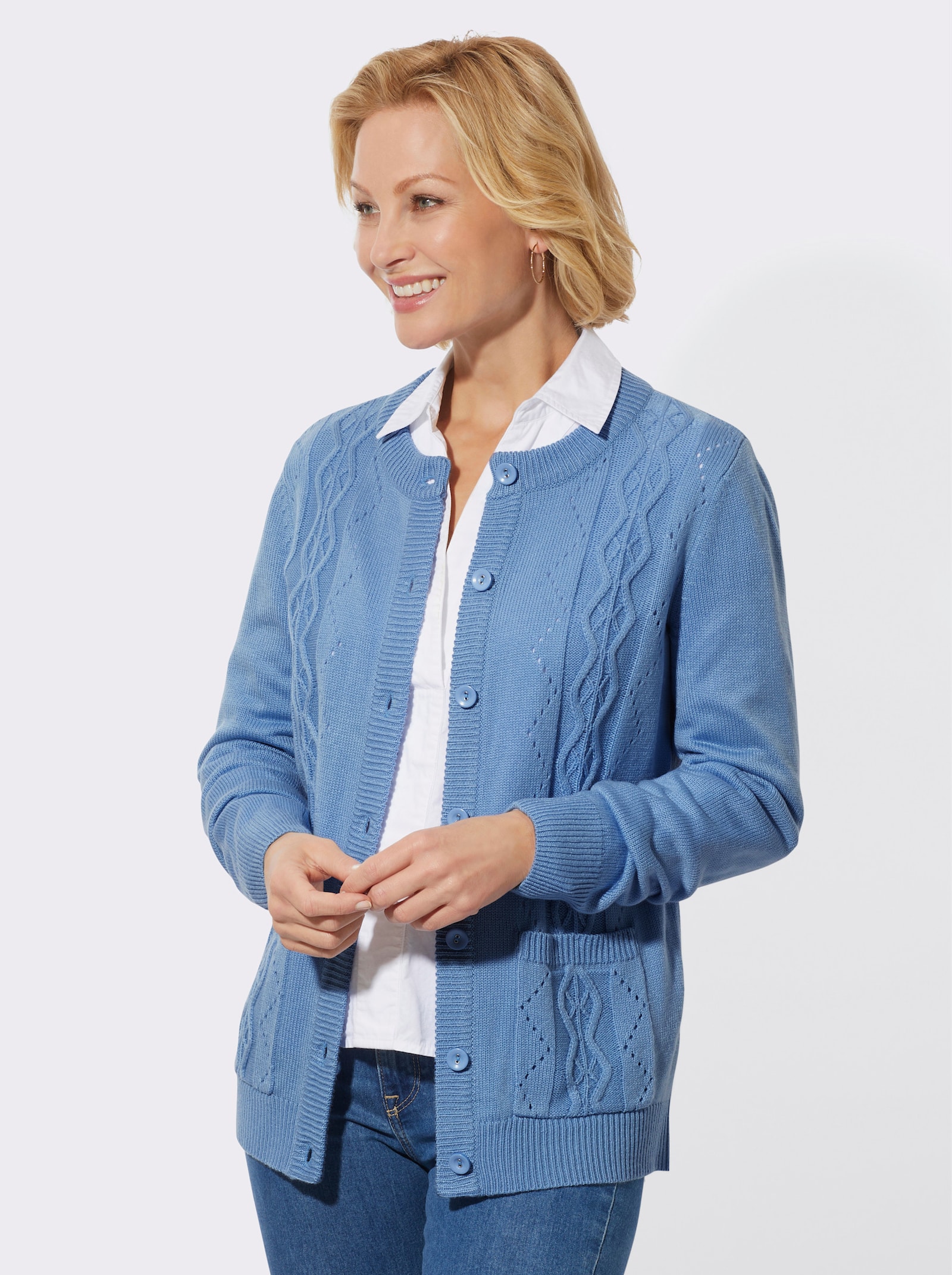 Strickjacke mit Ajourmuster - himmelblau