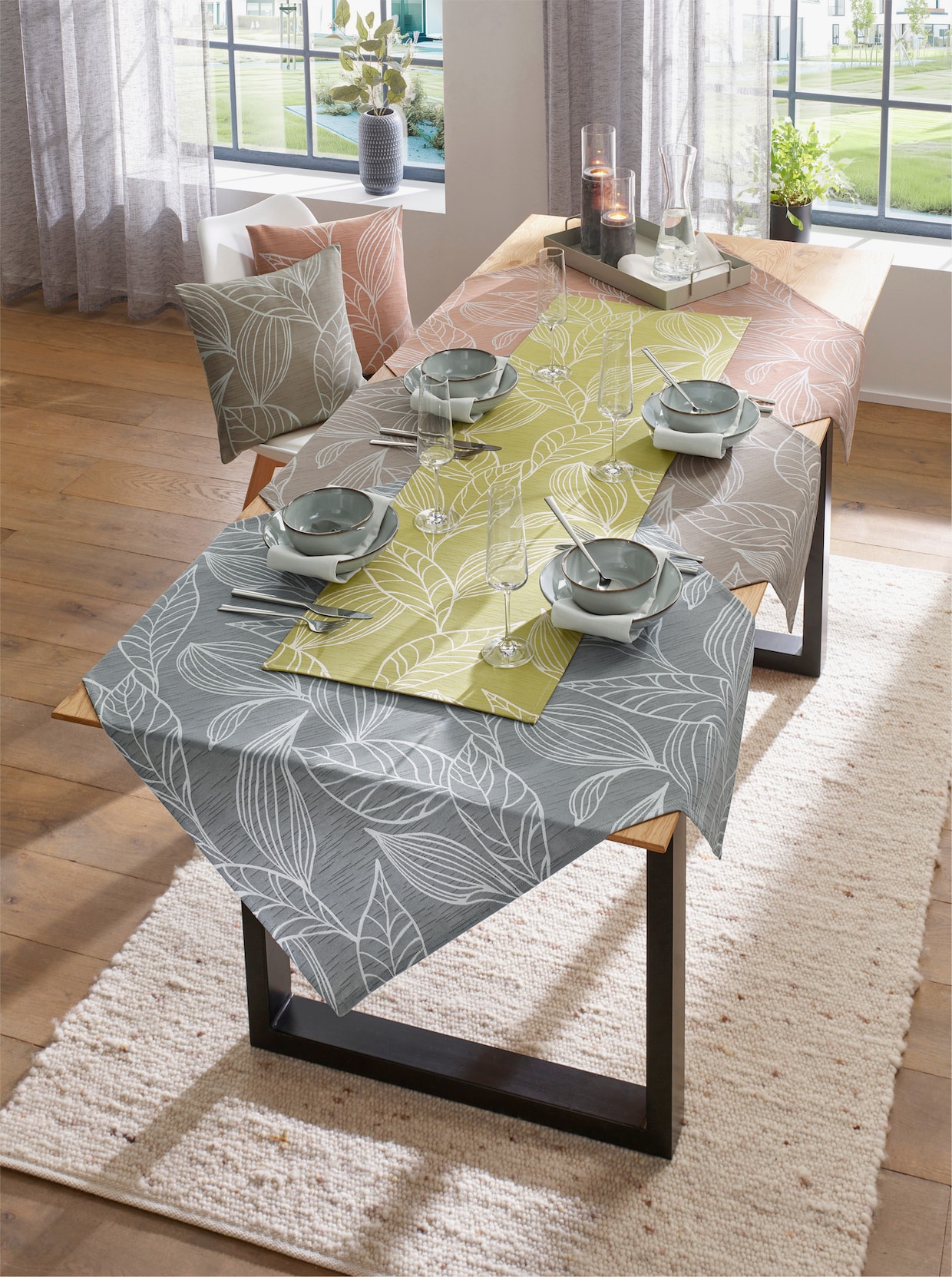 Tischdecke mit Blätter-Muster, gewebt - pistazie