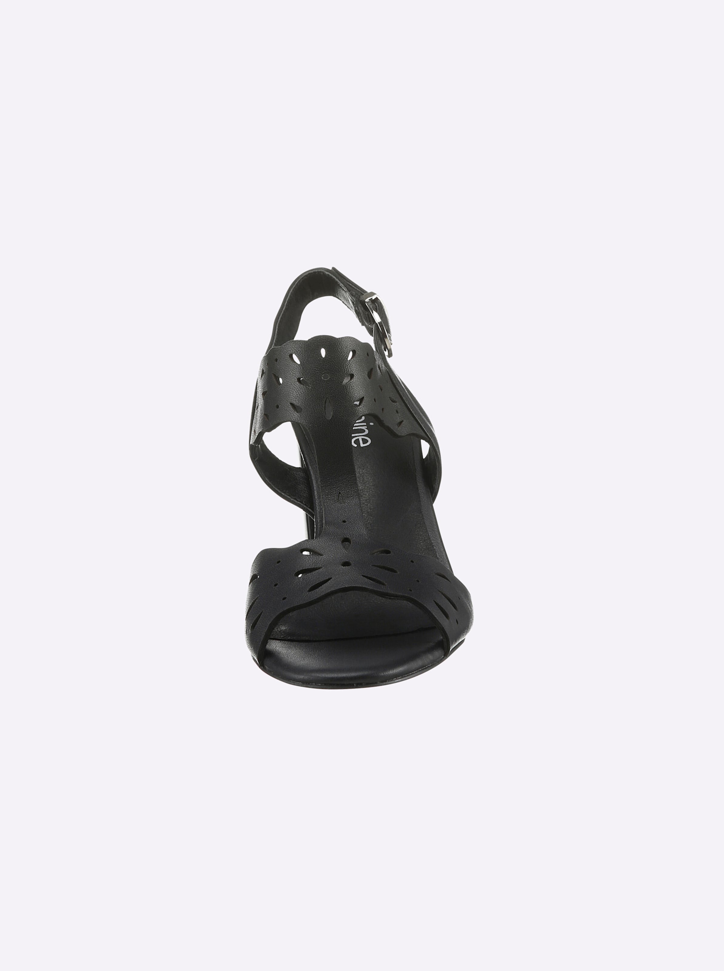 Sohle Leder  günstig Kaufen-Sandalette in schwarz von heine. Sandalette in schwarz von heine <![CDATA[Sandalette Mit modischem Cut-out Muster. Aus Rind-Nappaleder. Mit Synthetik-Futter und Leder-Innensohle. Gummi-Laufsohle. Trichterabsatz, Höhe ca. 80 mm.]]>. 