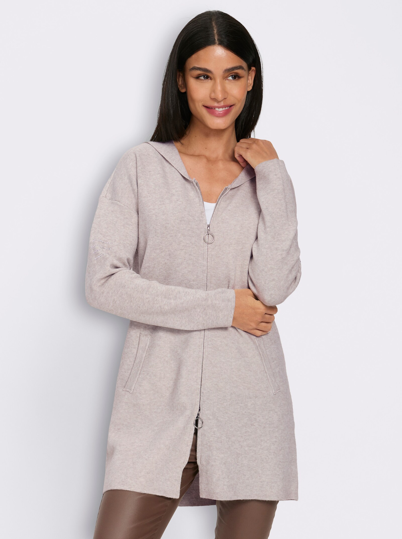 heine Longstrickjacke mit Kapuze - hellgrau-meliert