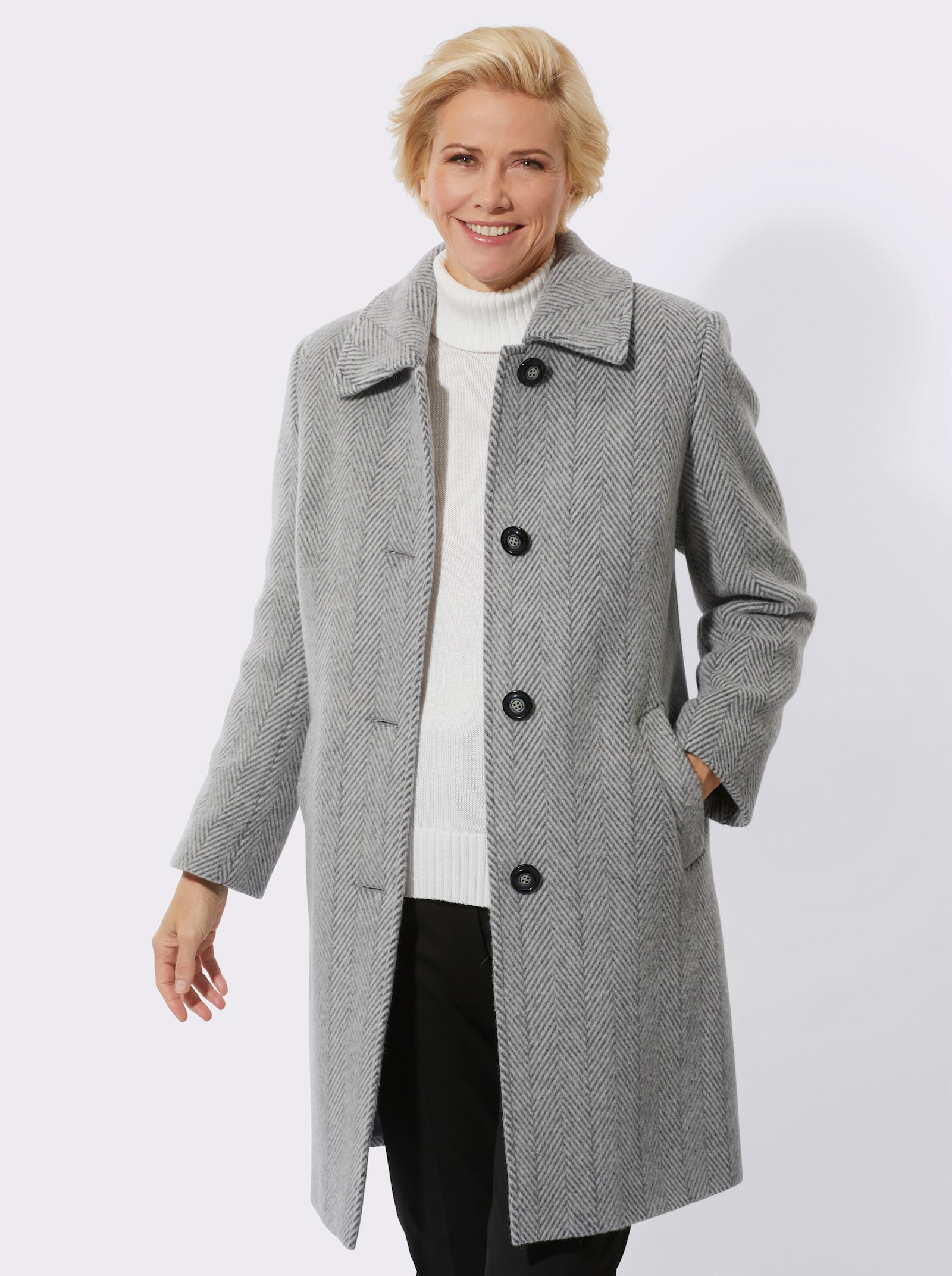 Wollen mantel in visgraatdessin - grijs/ecru gedessineerd