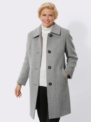 Wollmantel im Fischgrat-Dessin - grau-ecru-gemustert