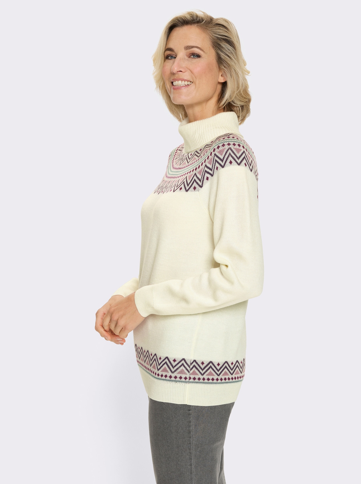 Pullover met rolkraag en Noors patroon - ecru/jade gedessineerd