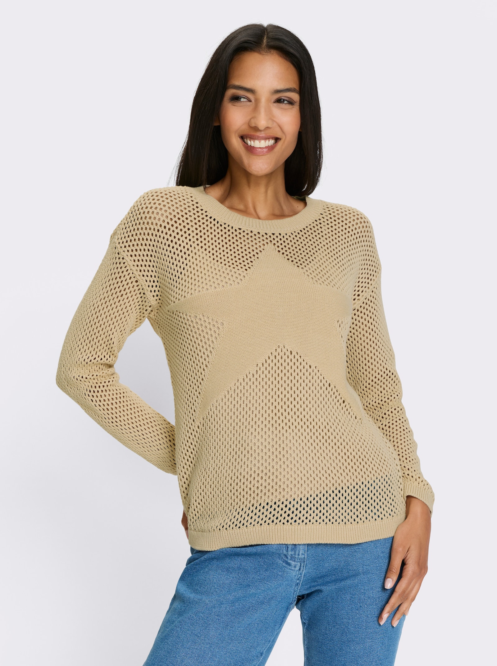 Ajourpullover mit eingestricktem Stern vorne - sand