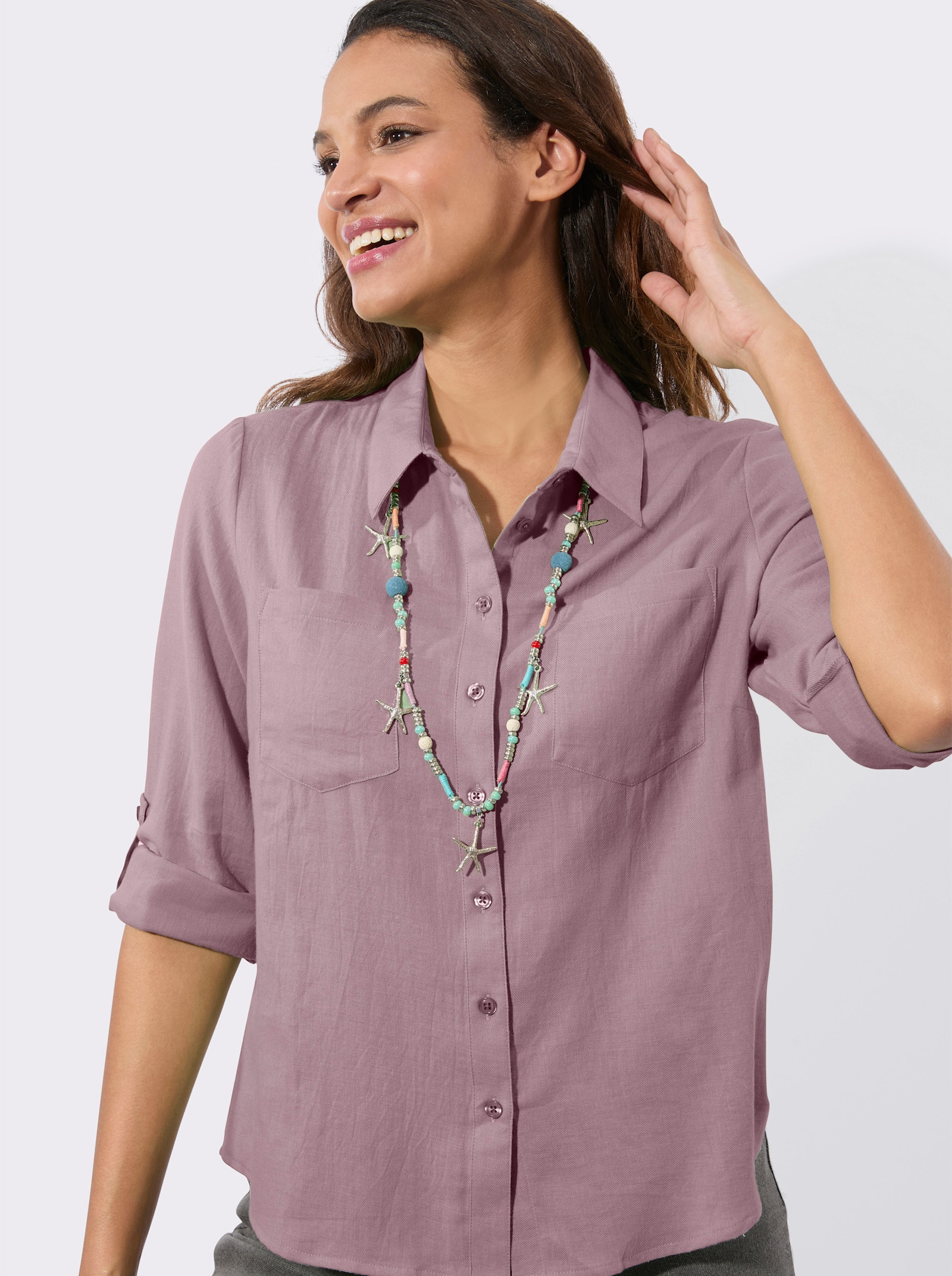 Flanellbluse mit Karomuster-Details - mauve