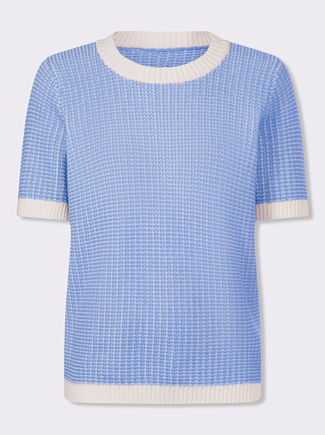 Kurzarmpullover - himmelblau-ecru-gemustert