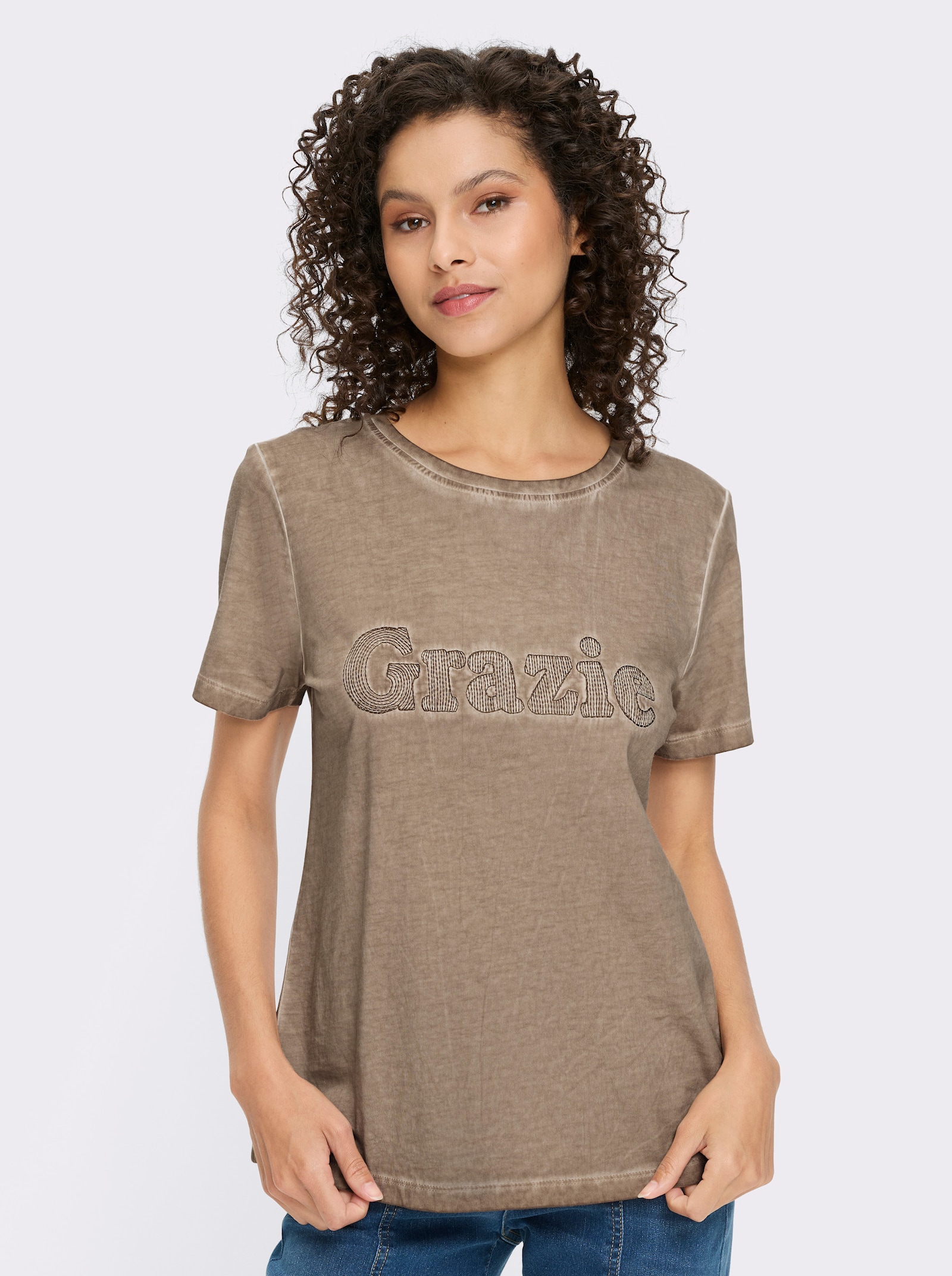 heine Kurzarmshirt mit Schriftzug - taupe