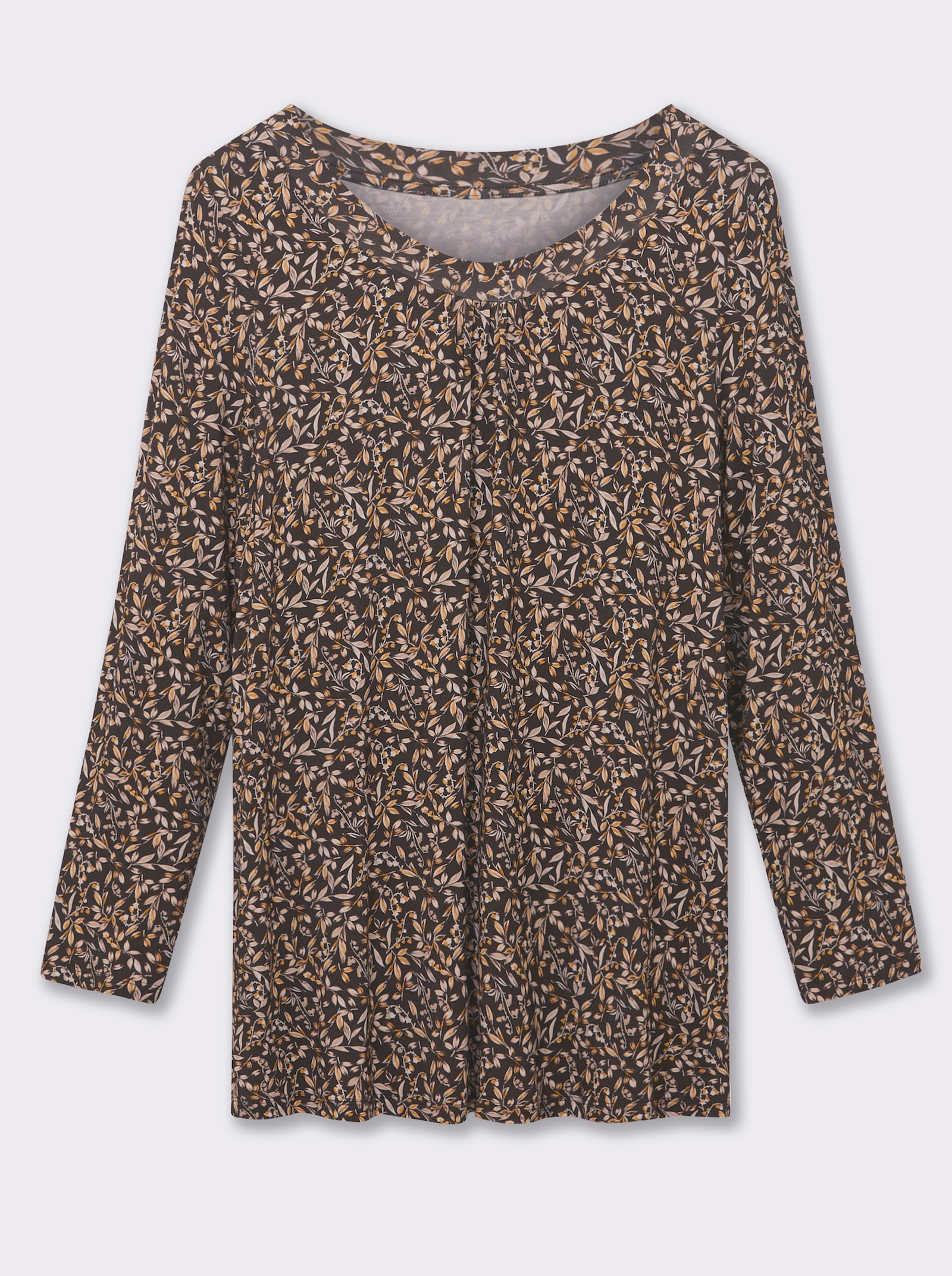 Tunikashirt mit Raffung am Ausschnitt - graphit-ocker-bedruckt