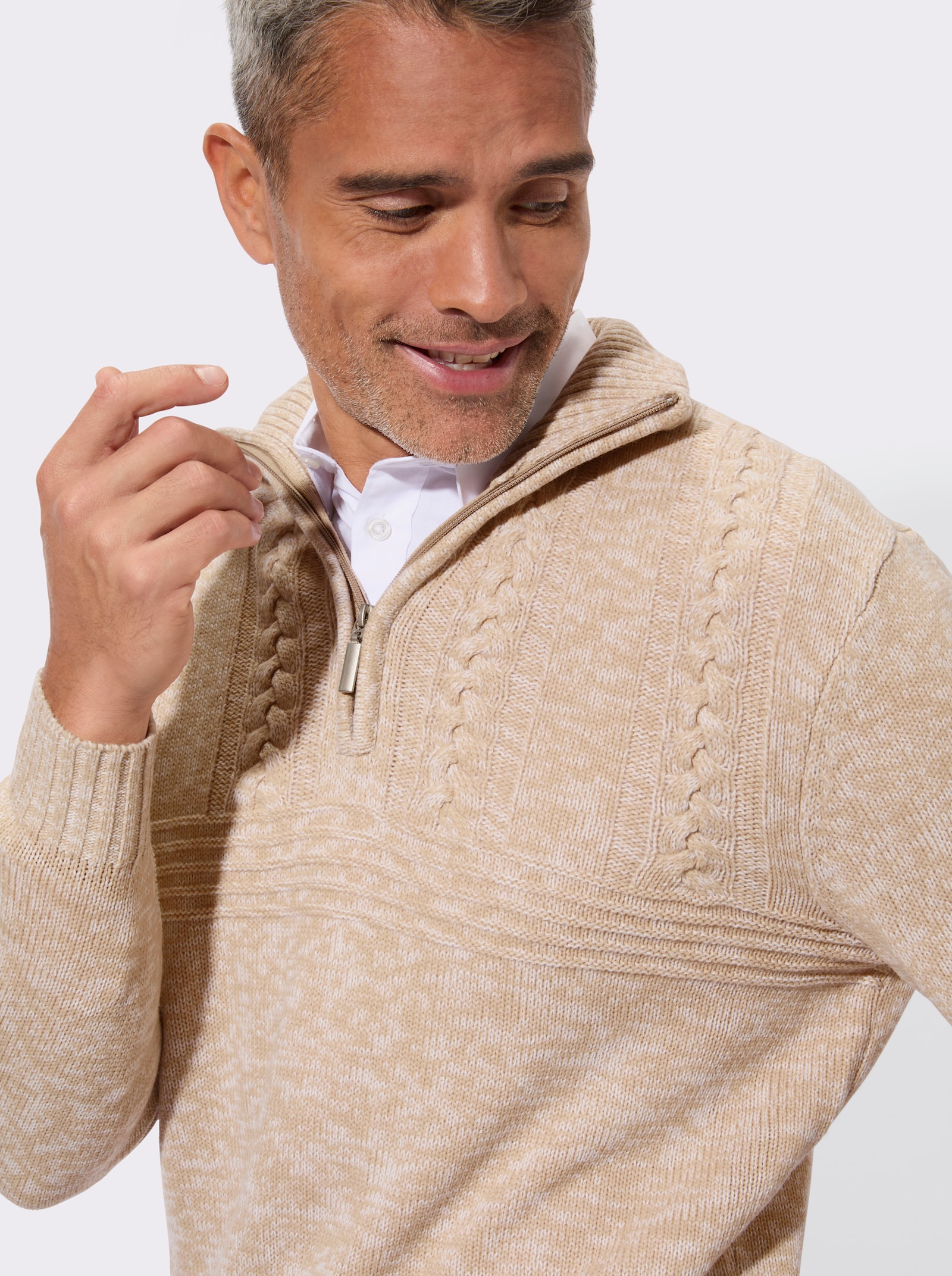 Langarm-Pullover mit platziertem Zopfmuster - beige-meliert