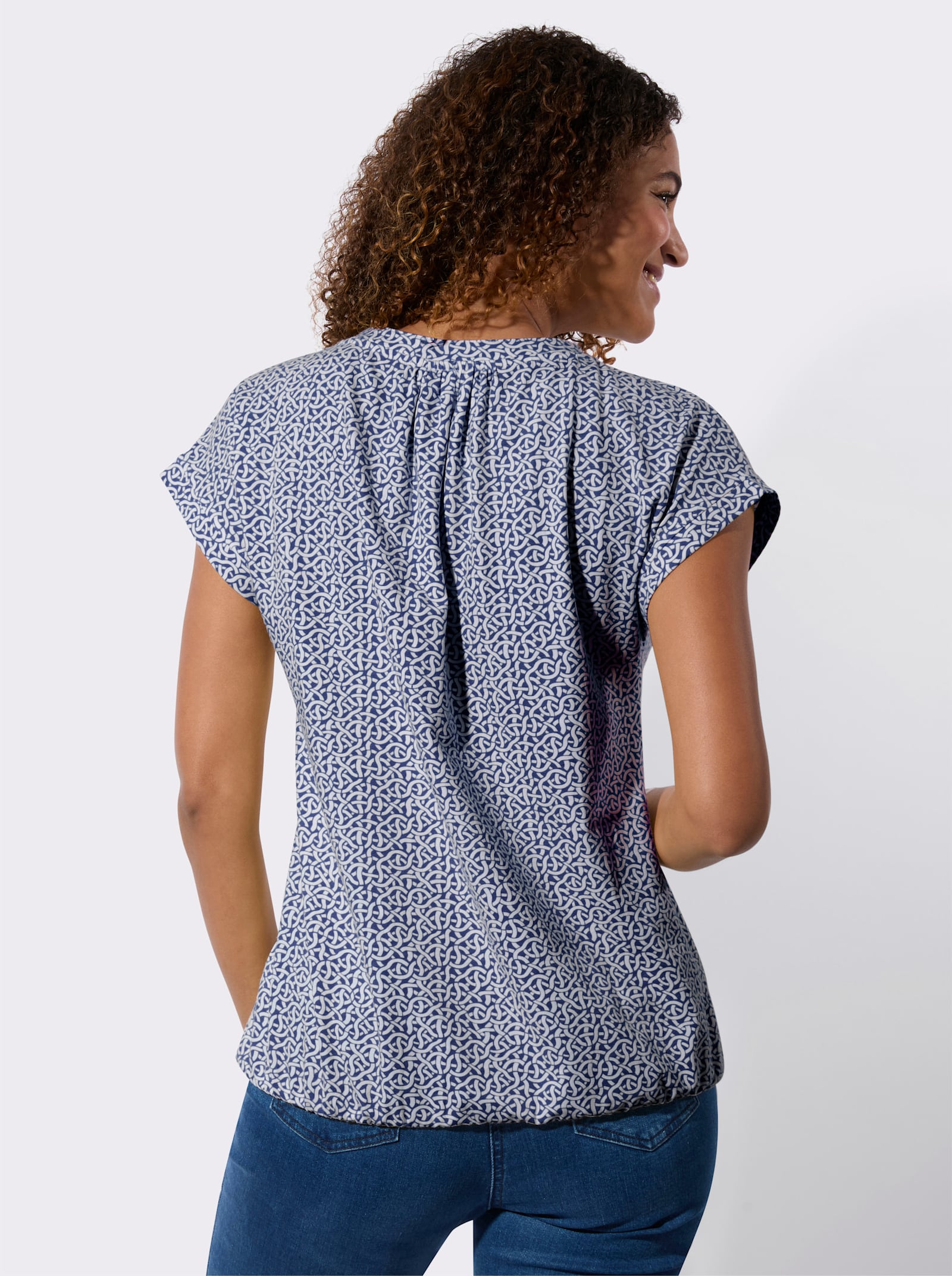 Kurzarmshirt mit kleinen Raffungen - royalblau-ecru-bedruckt