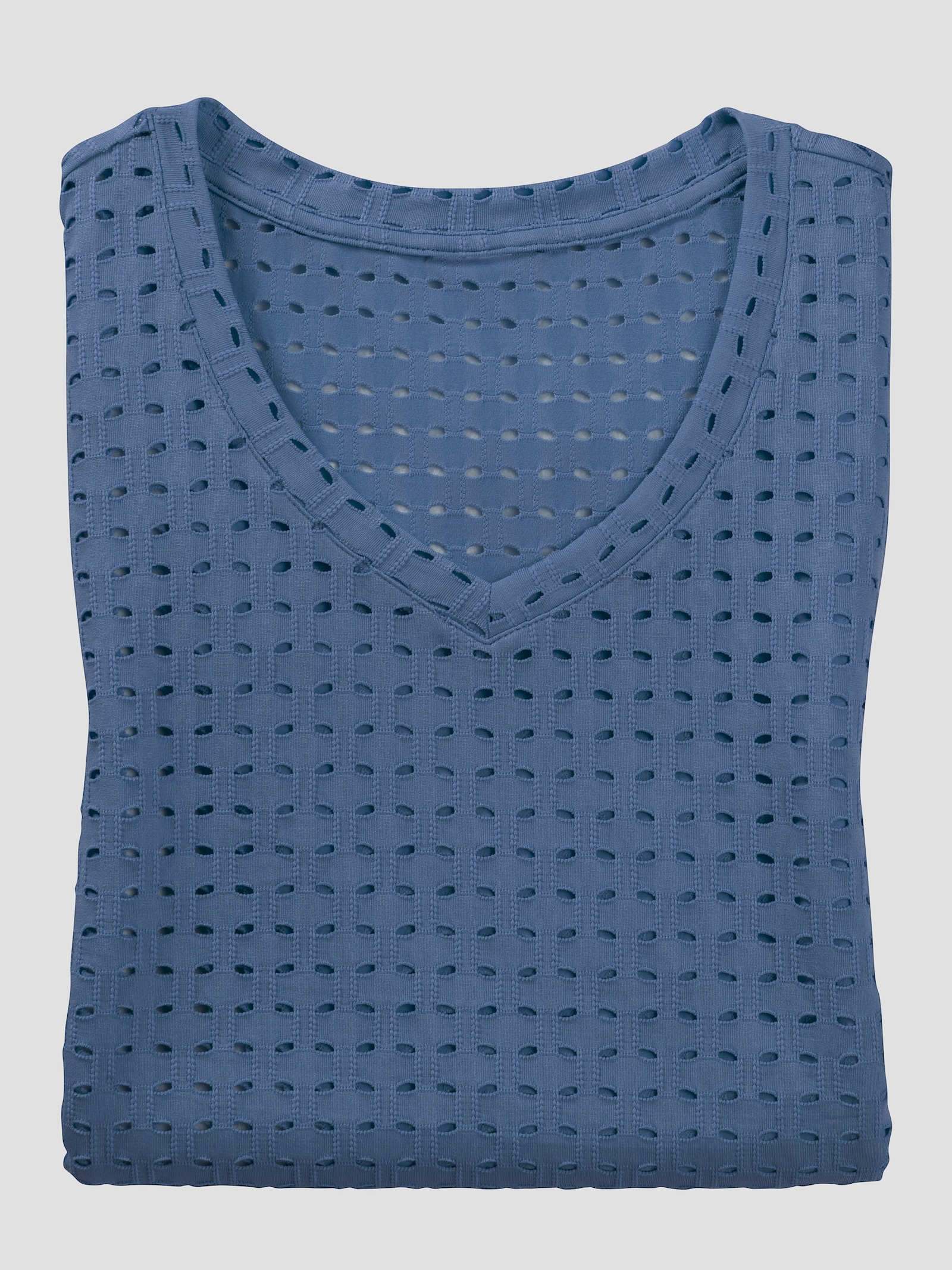 Shirt met V-hals en ajourpatroon - jeansblauw
