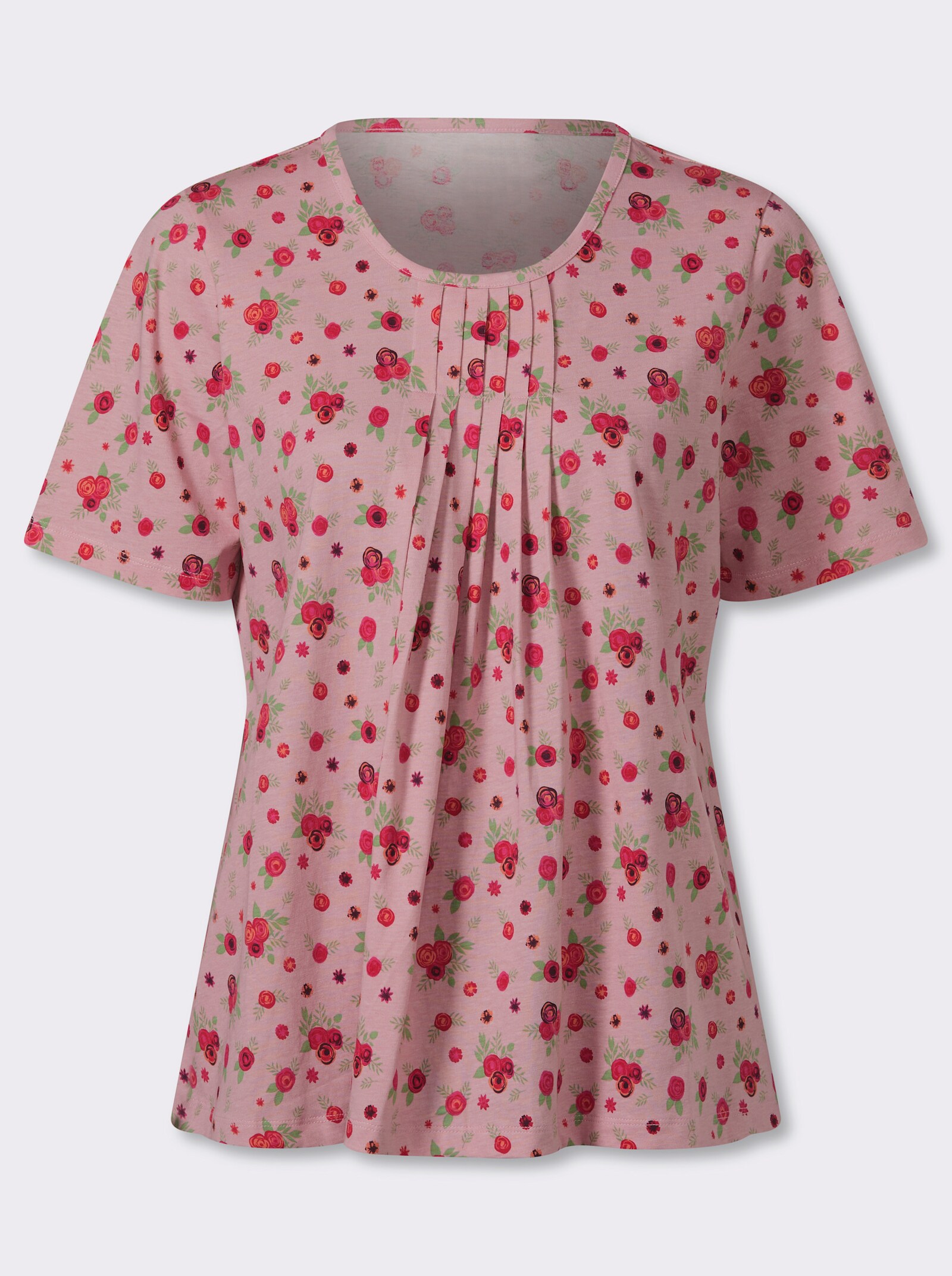 Kurzarmshirt mit Falten am Ausschnitt - hortensie-rot-bedruckt