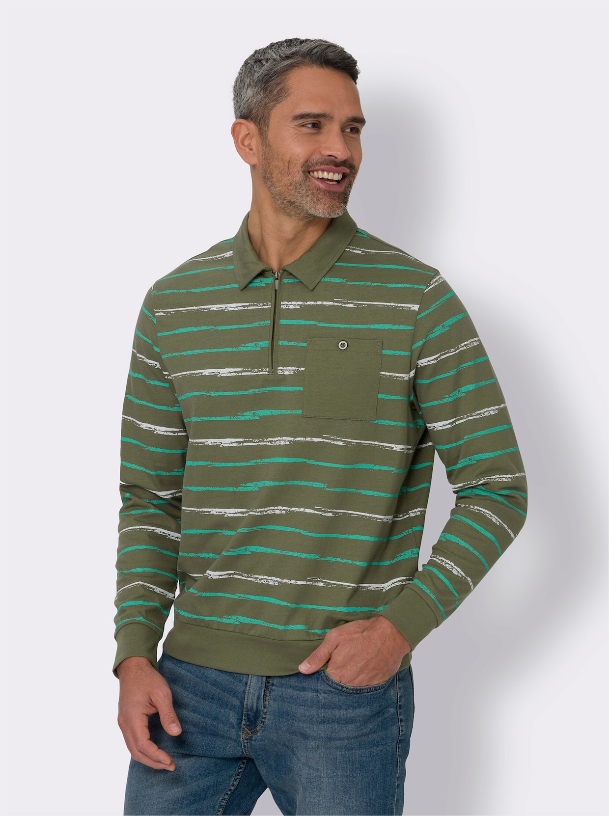 Sweatshirt - khaki-blaugrün-bedruckt