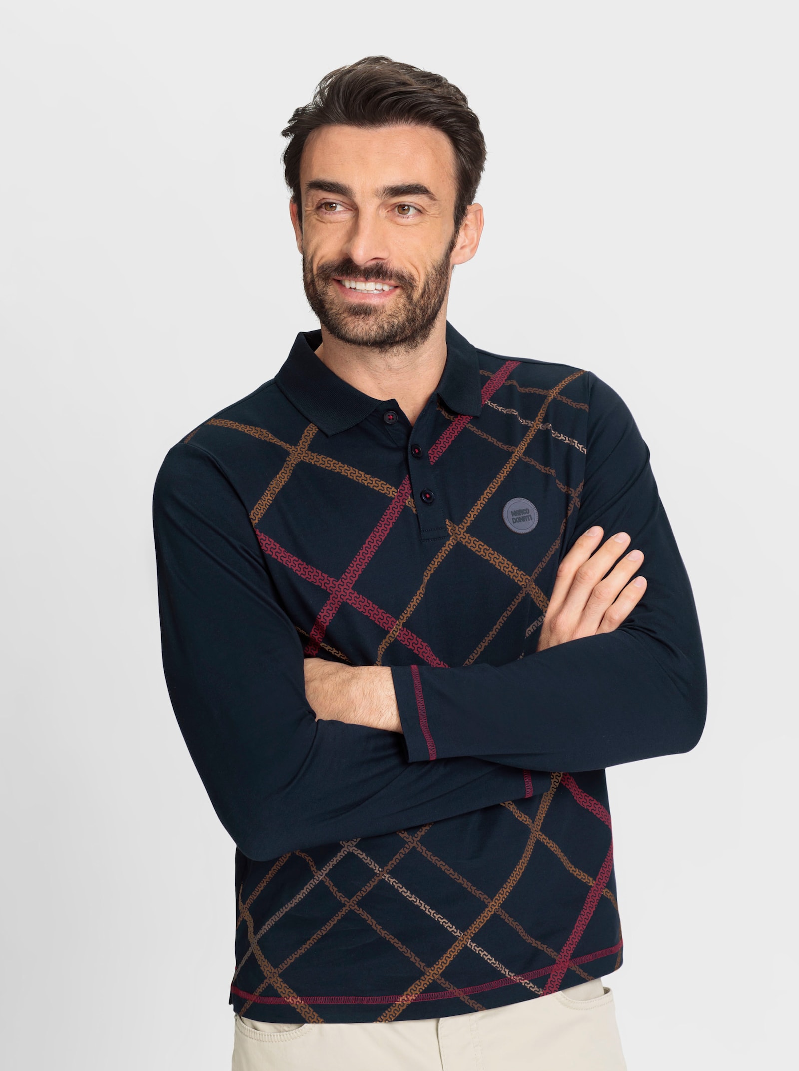 Marco Donati Langarm-Poloshirt mit Rauten-Muster - marine-bedruckt