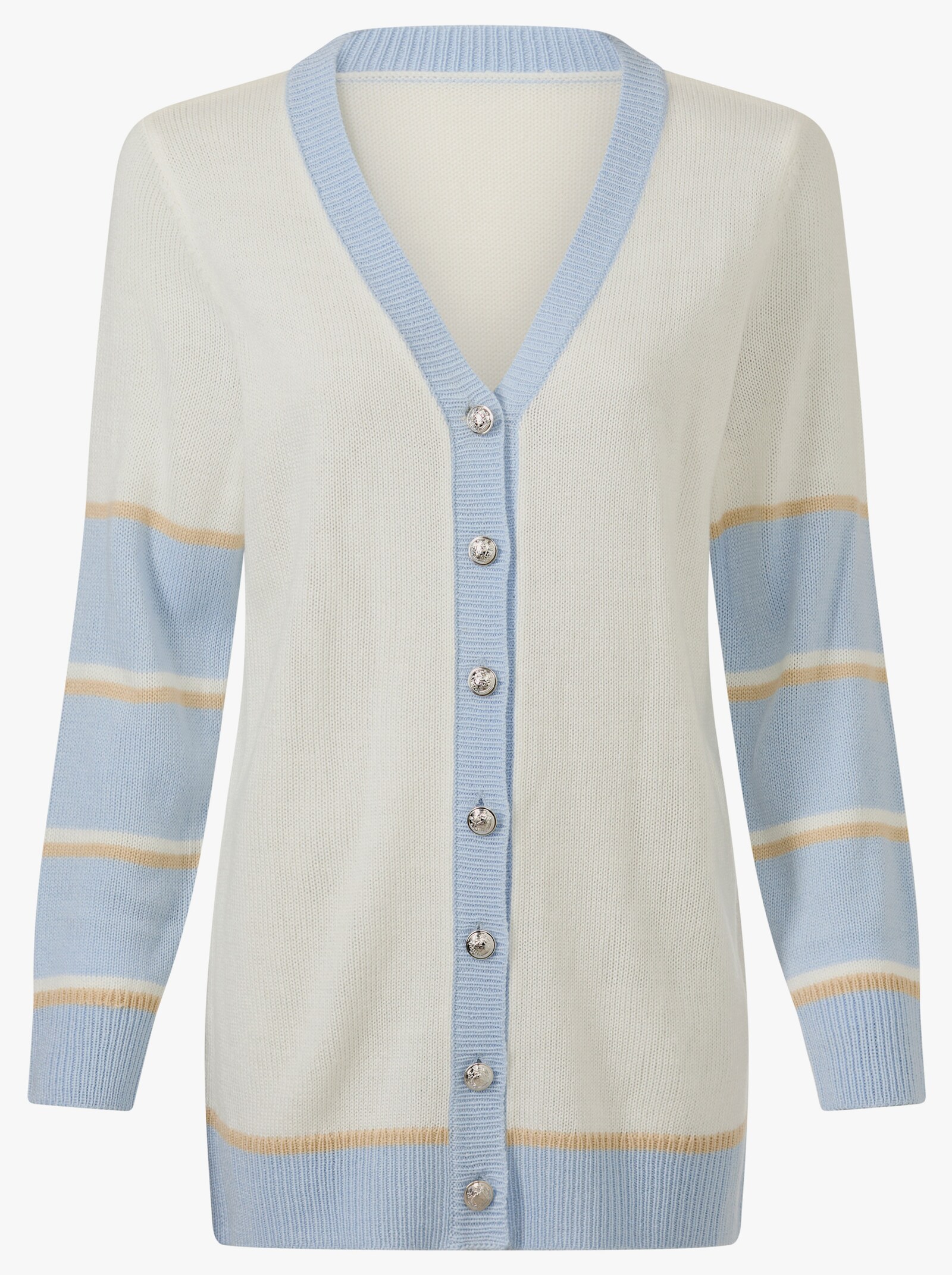 Longstrickjacke mit silberfarbenen Schmuckknöpfen - ecru-hellblau-gemustert