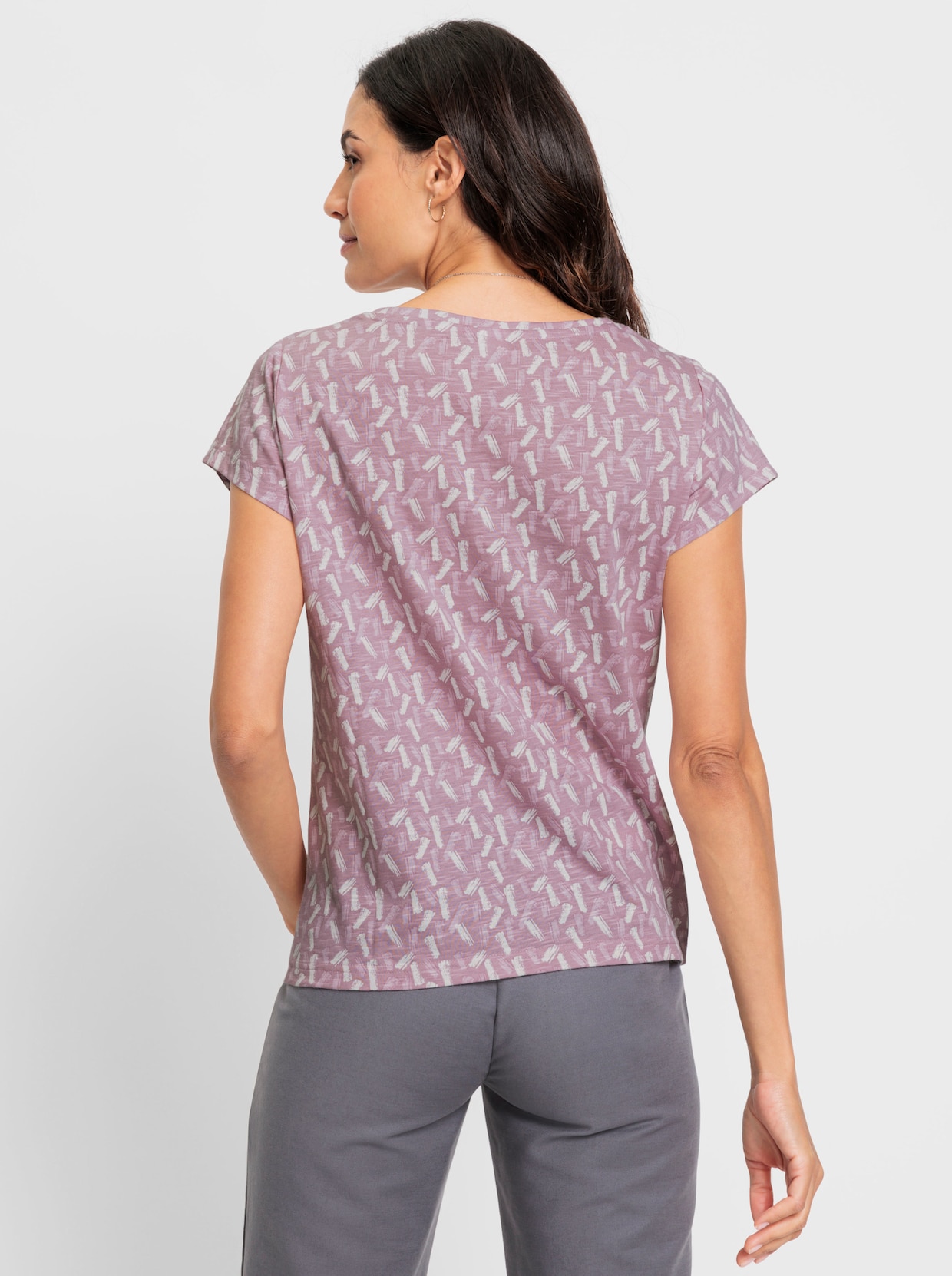 Rundhalsshirt - mauve-ecru-bedruckt