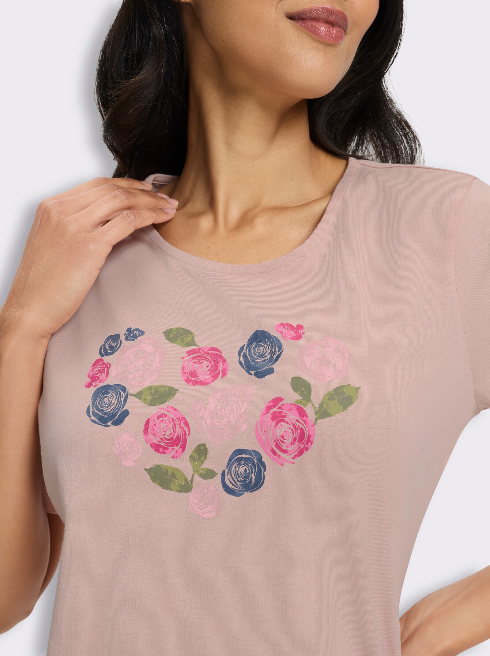 Kurzarmshirt mit Herz-Motiv aus Blüten - puder-fuchsia