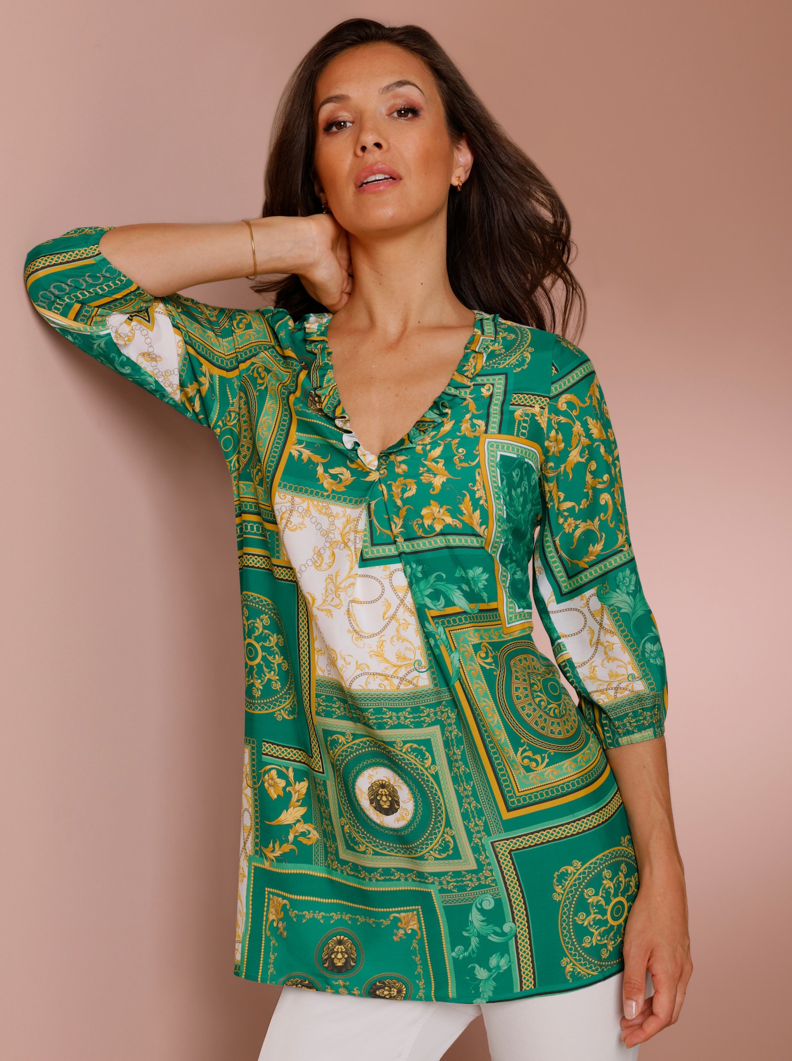 CREATION L PREMIUM Tunika in hochwertigem Seidenmix - grün-gelb-bedruckt