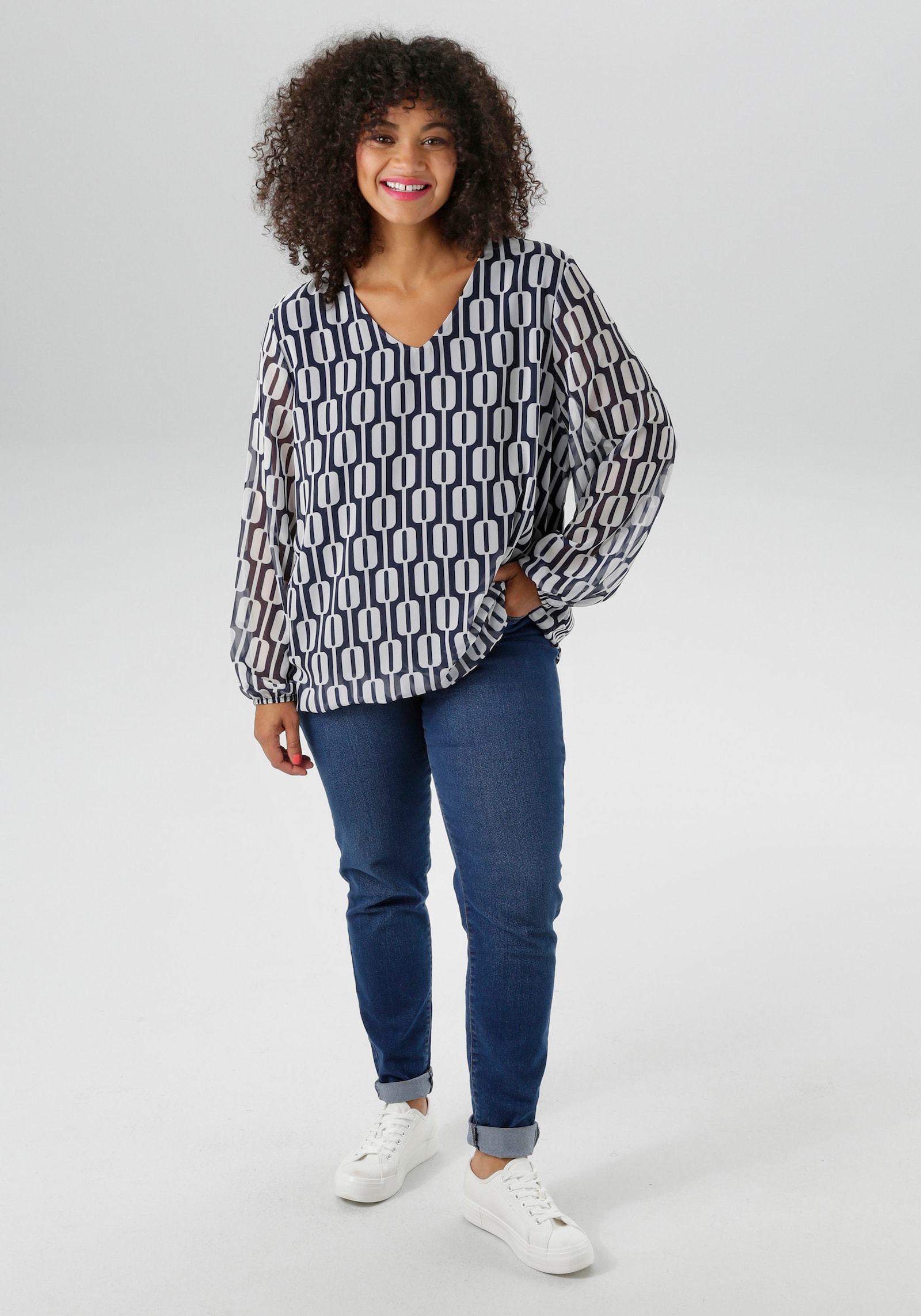 Aniston PLUS Schlupfbluse - marine-weiß