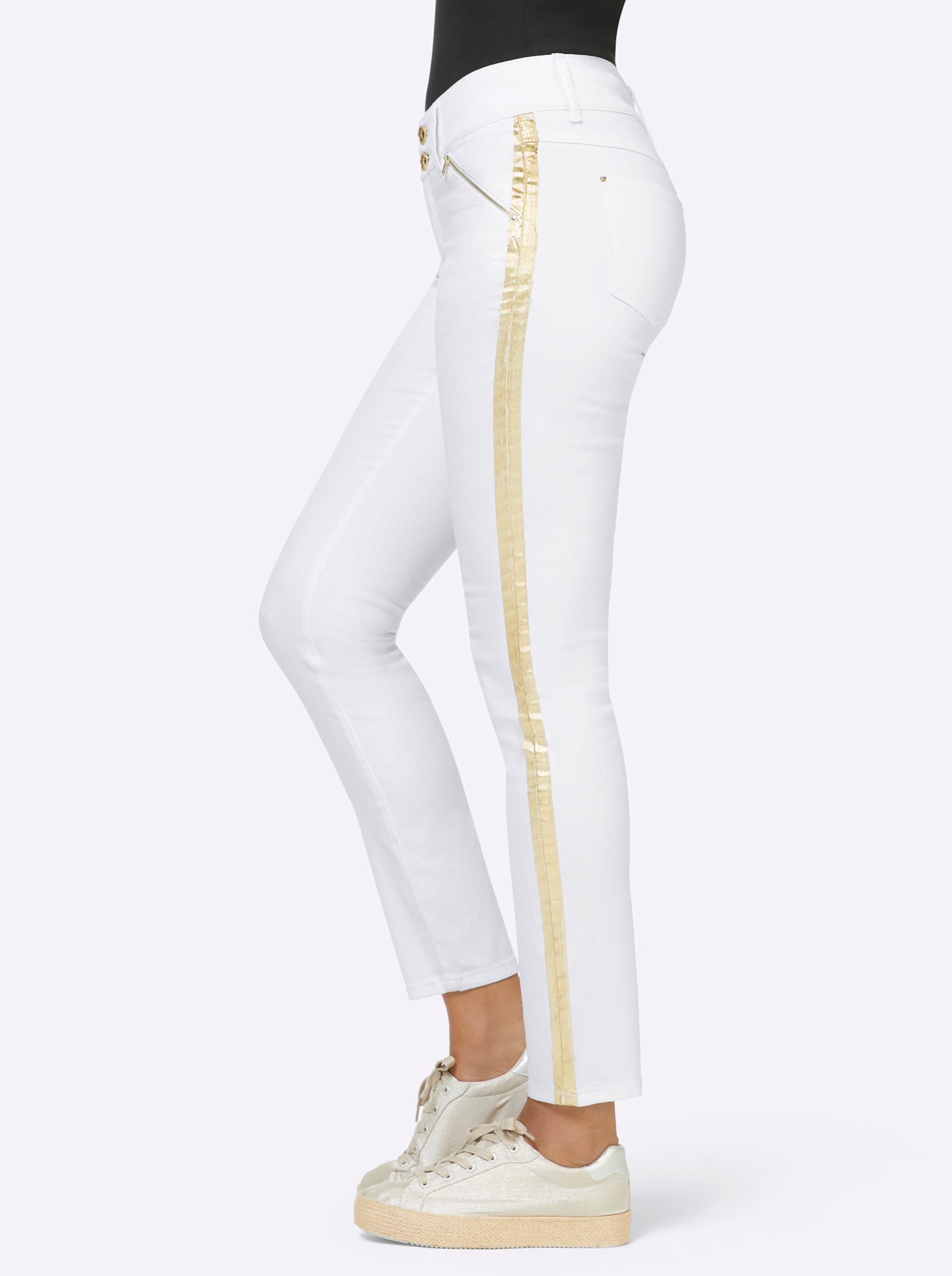 Vorne,1080P günstig Kaufen-Jeans in ecru-goldfarben-bedruckt von heine. Jeans in ecru-goldfarben-bedruckt von heine <![CDATA[Effektvolle Jeans in Twill-Qualität. Mit Knopf- und Reißverschluss, Gürtelschlaufen und in 4-Pocket-Form mit 2 Taschen vorne und 2 aufgesetzten Taschen au