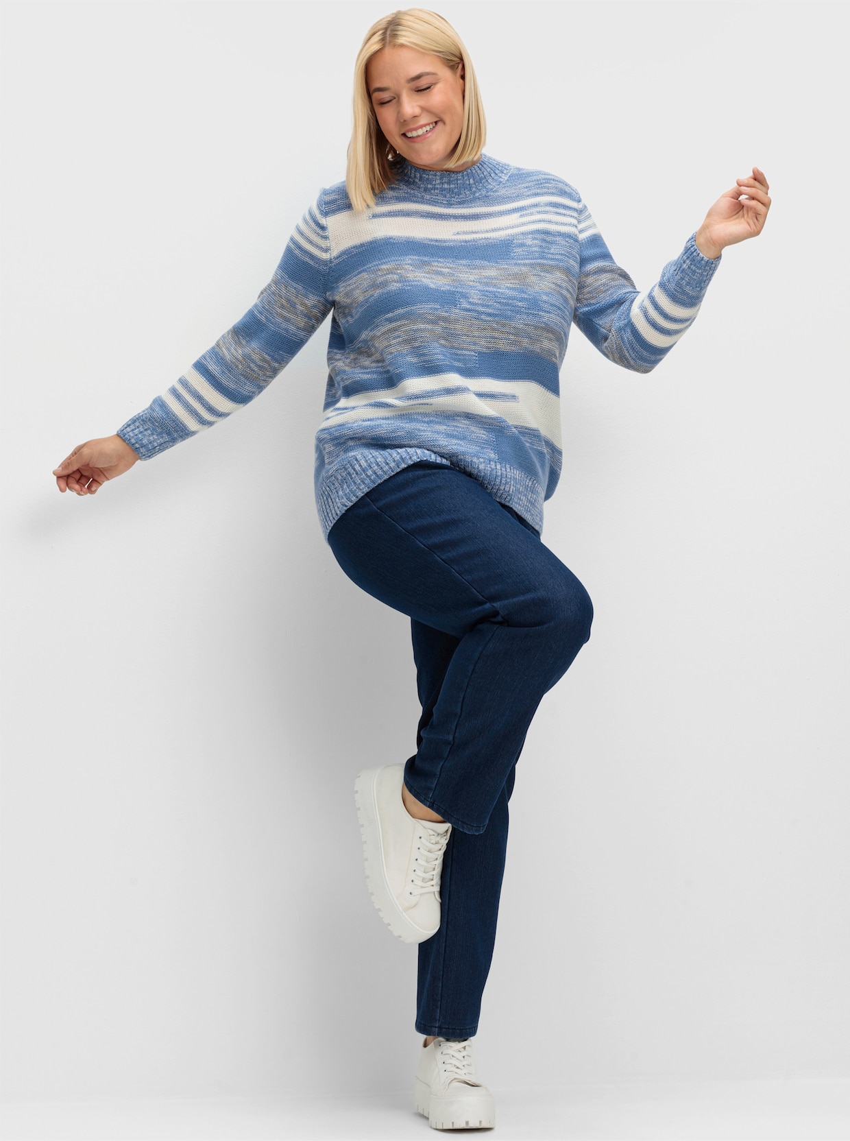 Stehkragenpullover mit Streifen-Muster - blau-meliert