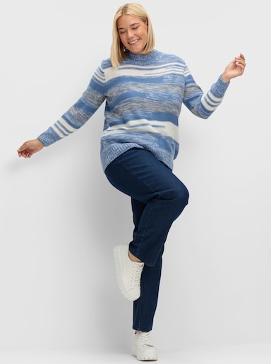 Stehkragenpullover mit Streifen-Muster - blau-meliert