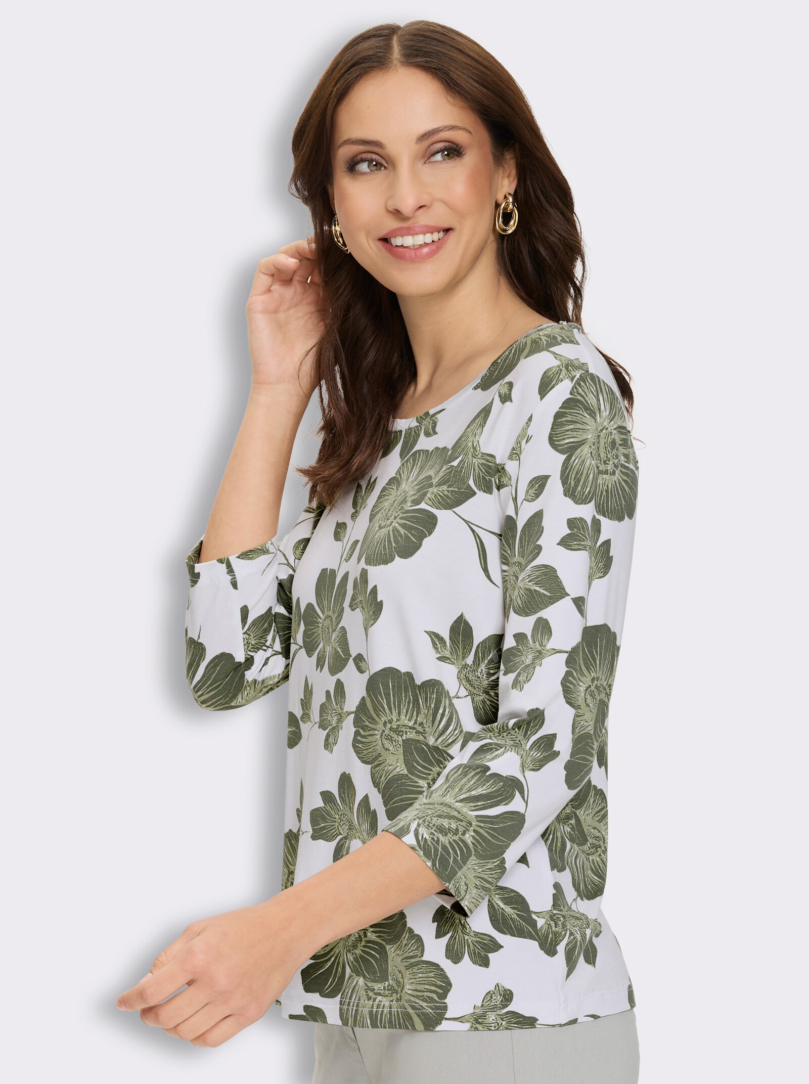 Print-Shirt im Blütendessin - weiß-khaki-bedruckt