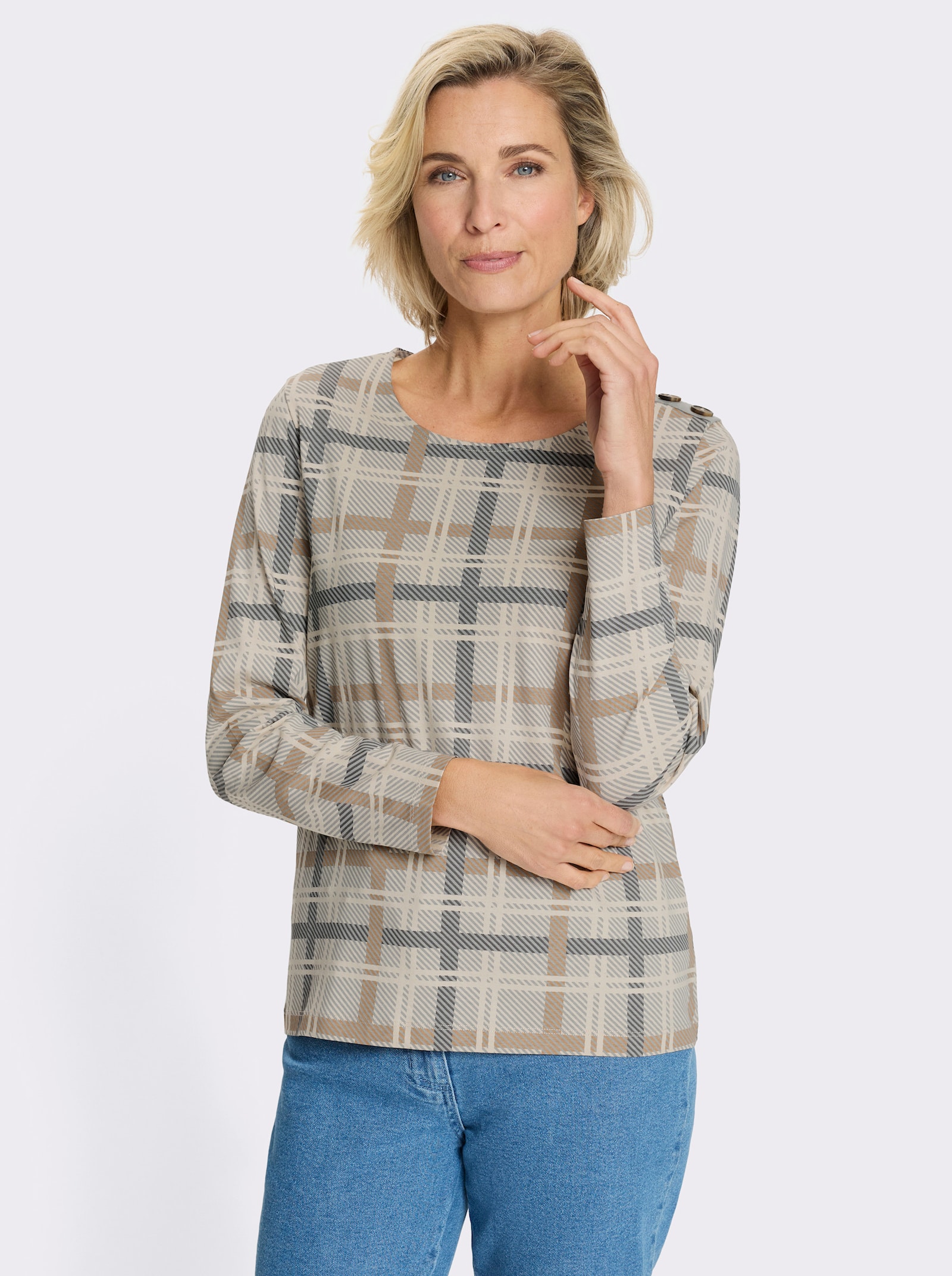 Shirt met lange mouwen en sierknoopsluiting - zand/antraciet bedrukt