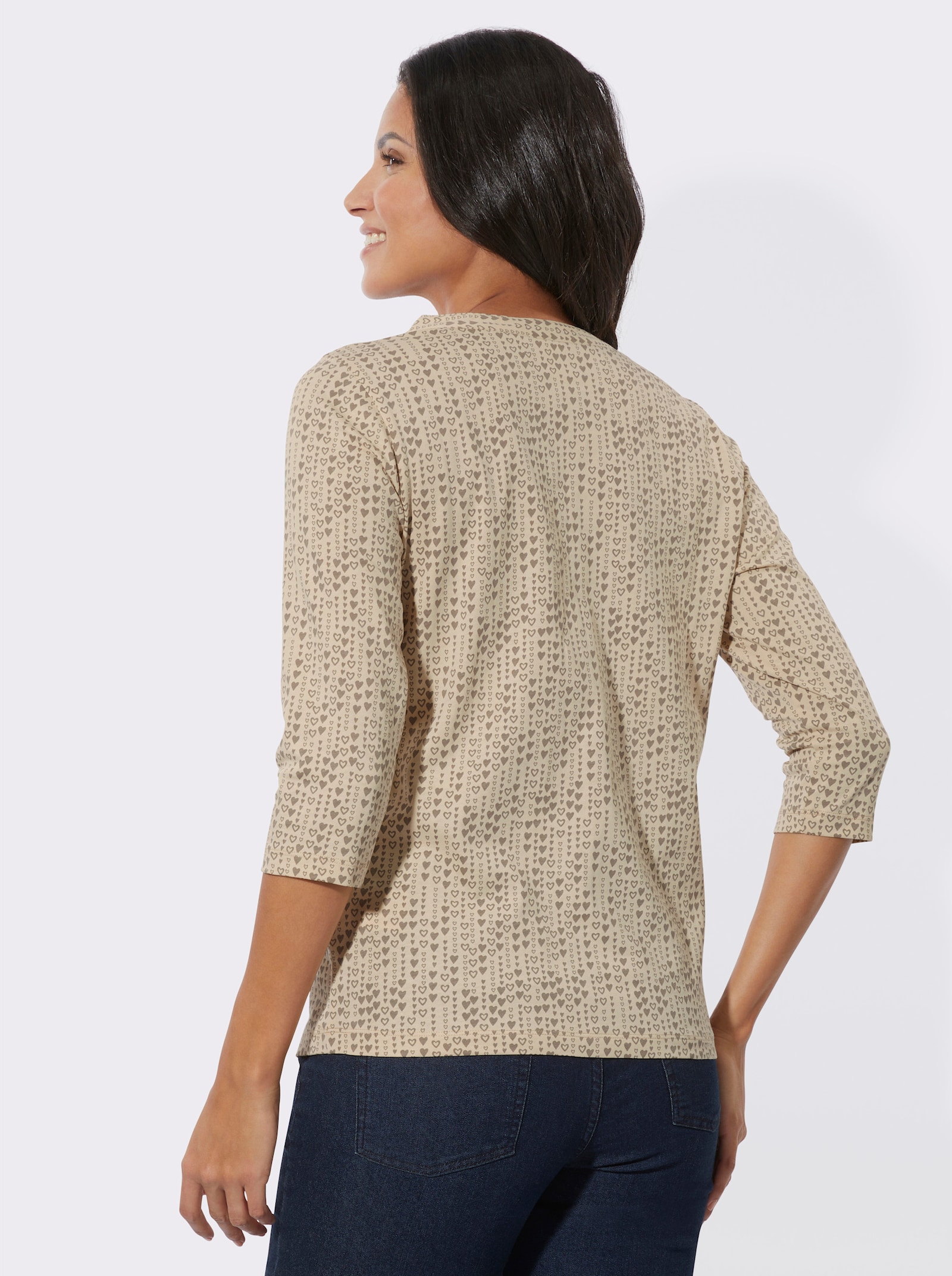 Shirt met 3/4-mouwen en hartjespatroon - zand/taupe geprint
