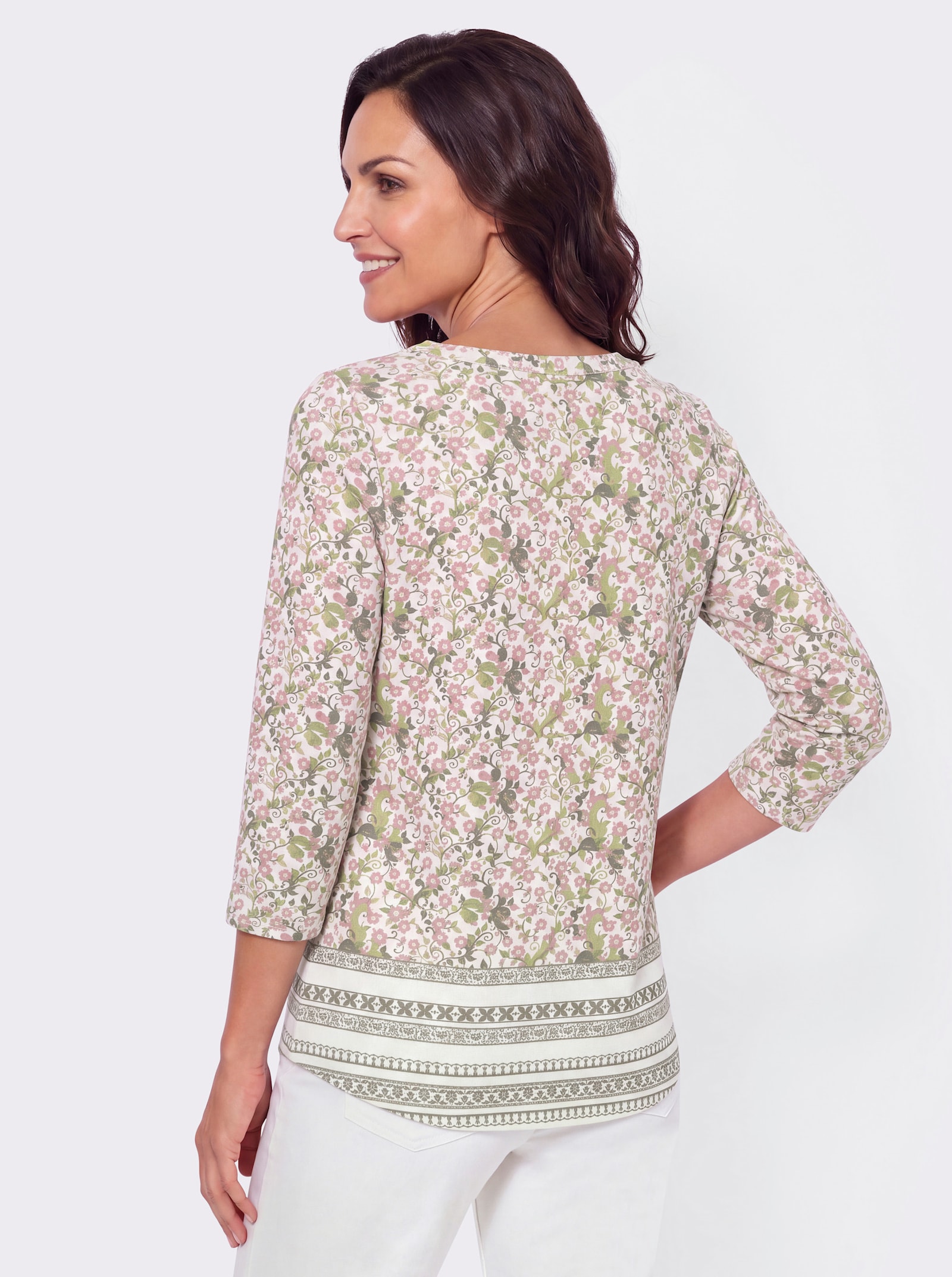 3/4-Arm-Shirt mit Bordürendruck am Saum - khaki-hortensie-bedruckt