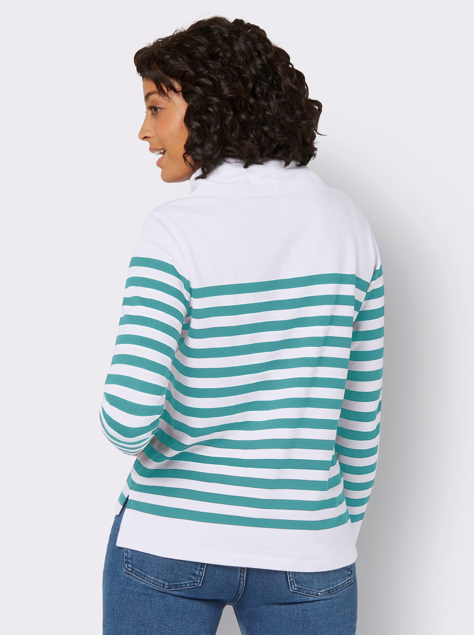 Sweatshirt mit verlängertem Rückteil - weiß-ozean-geringelt