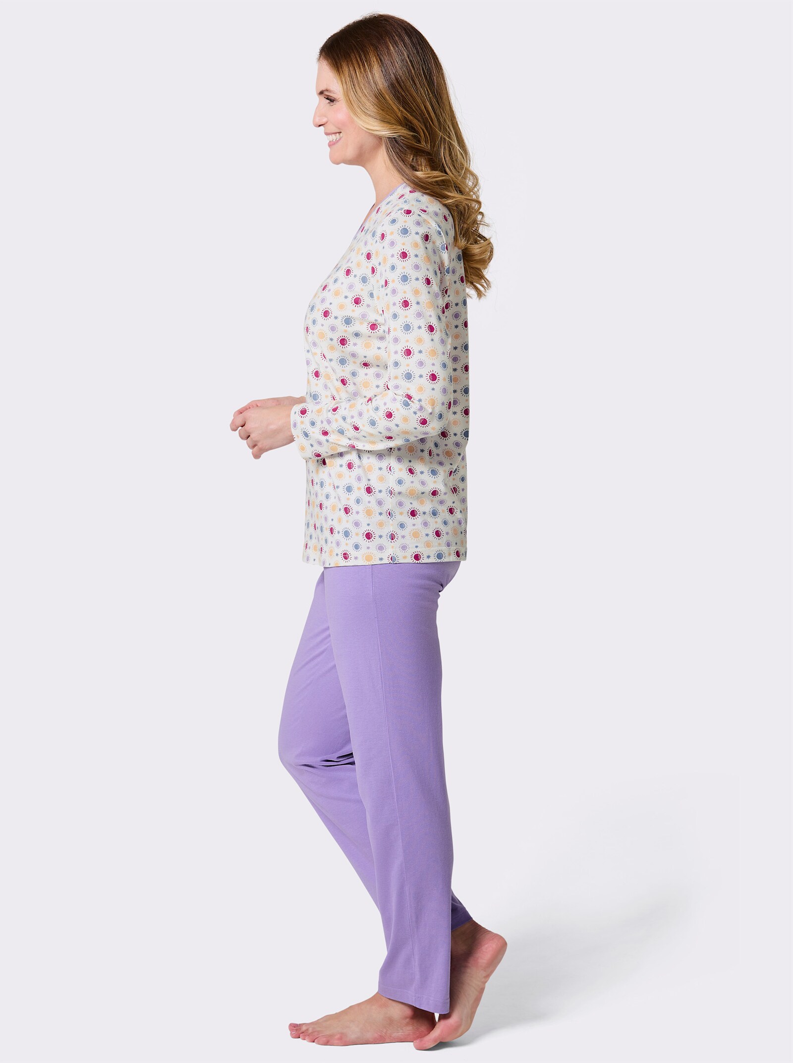 wäschepur Schlafanzug aus reiner Baumwolle - ecru-lavendel-bedruckt