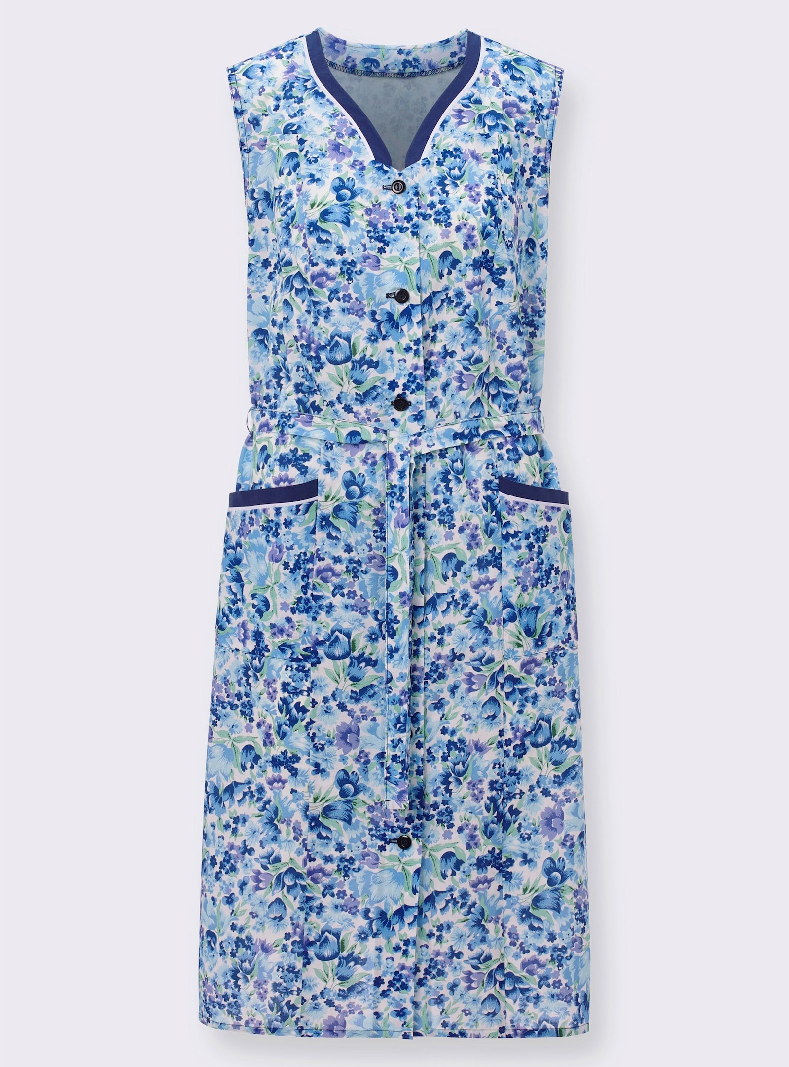 Knopfschürze im floralen Dessin - aqua-bedruckt