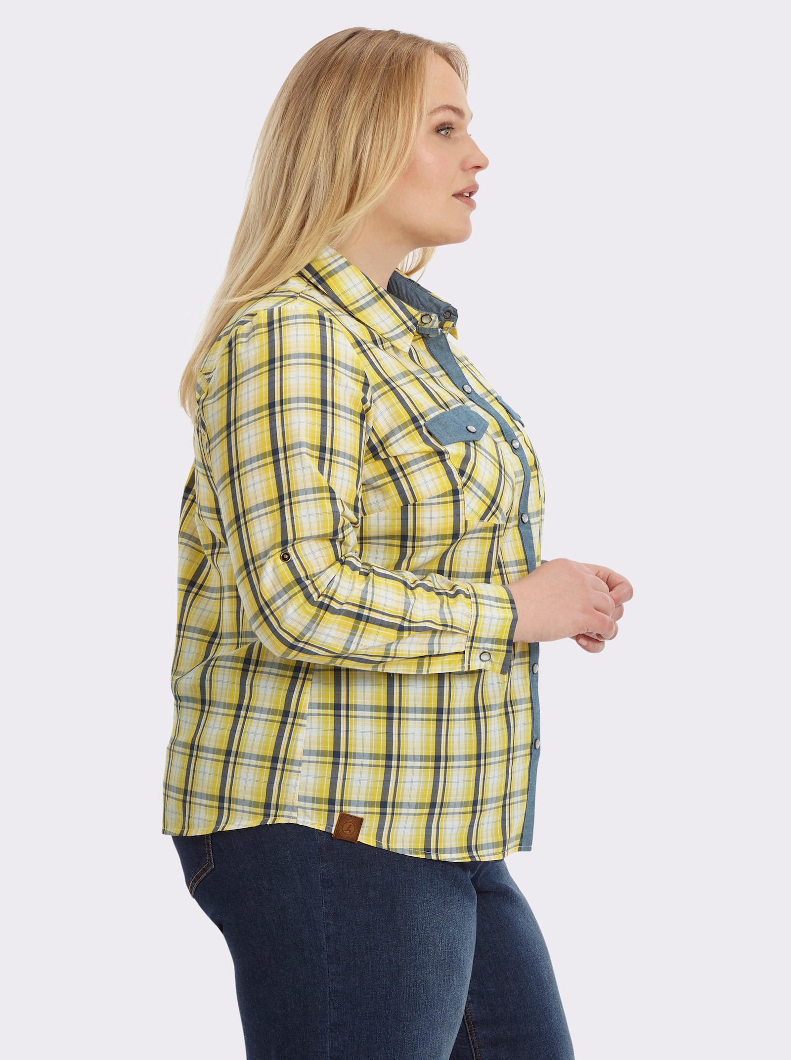 Karobluse mit aufgesetzten Brusttaschen - sonnengelb-weiß-kariert