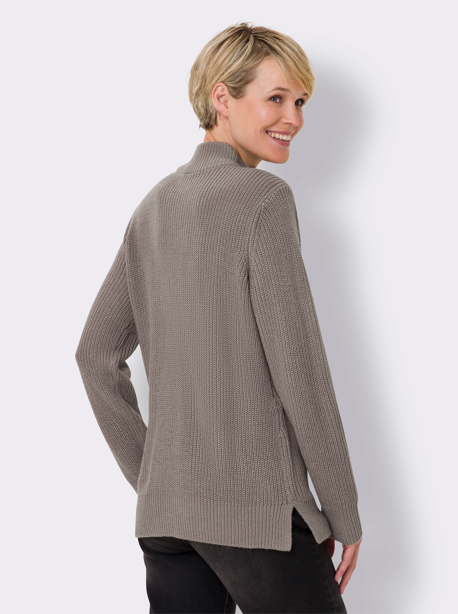 Stehkragenpullover in Patentstrick - taupe