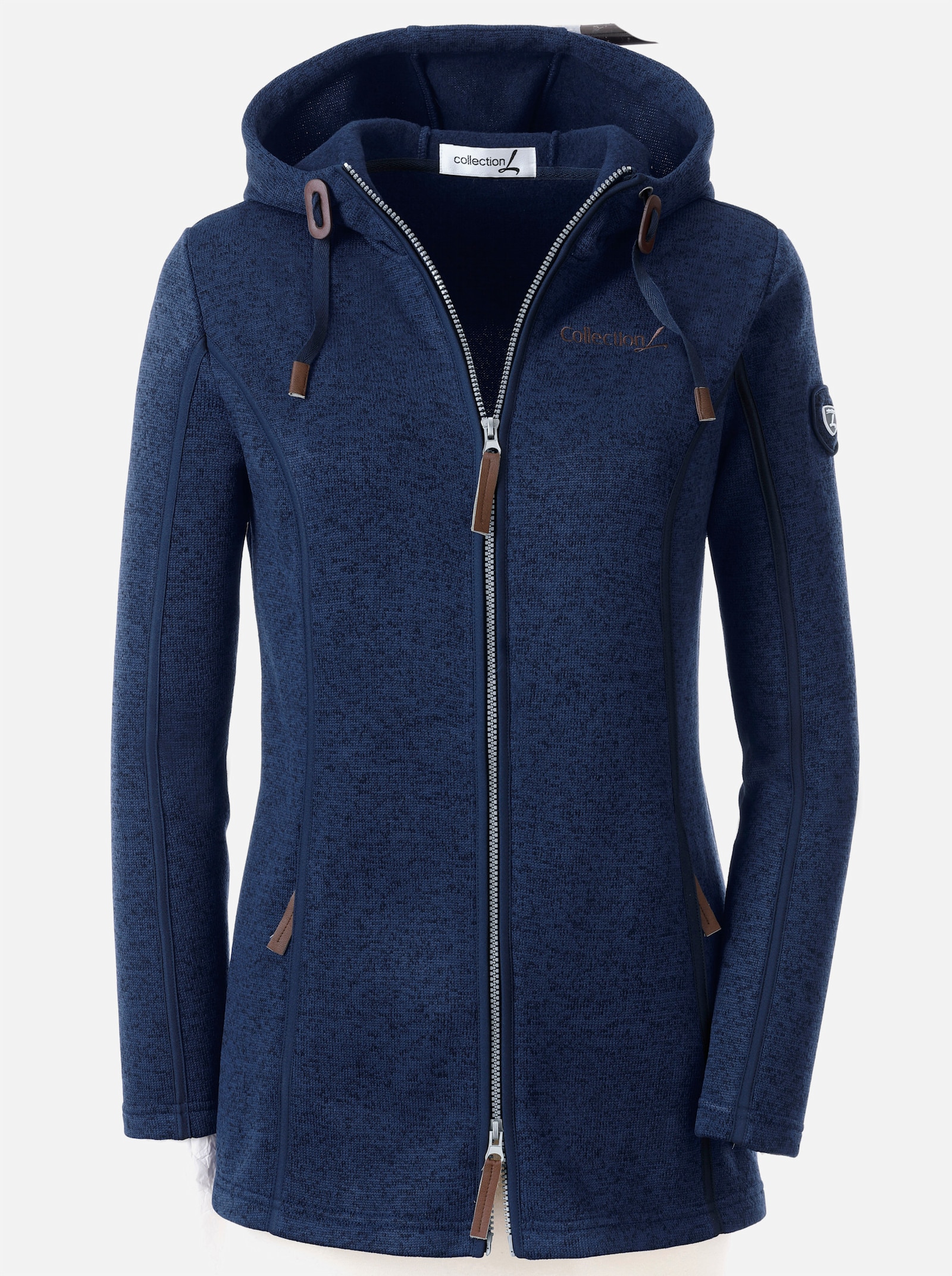 Kapuzenfleecejacke mit Umlegekragen - marine-meliert