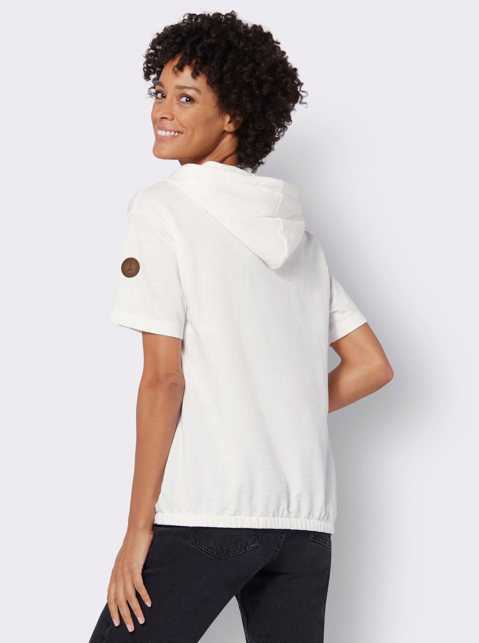 Kapuzensweatshirt mit elastischem Saum - ecru-eucalyptus-bedruckt