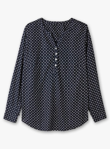 Schlupf-Bluse - marine-weiß-bedruckt