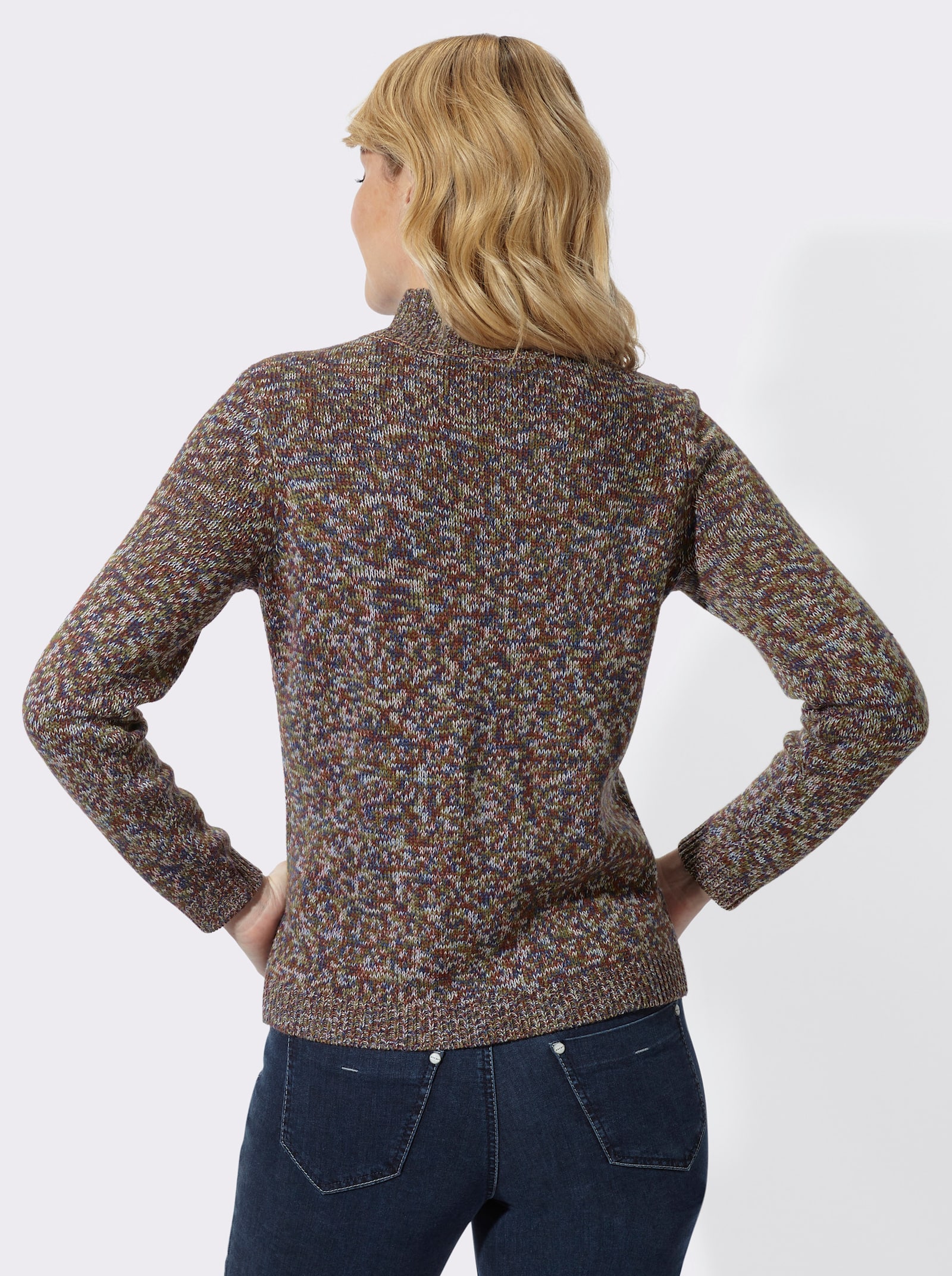 Stehkragenpullover in Melange-Optik - ecru-oliv-meliert