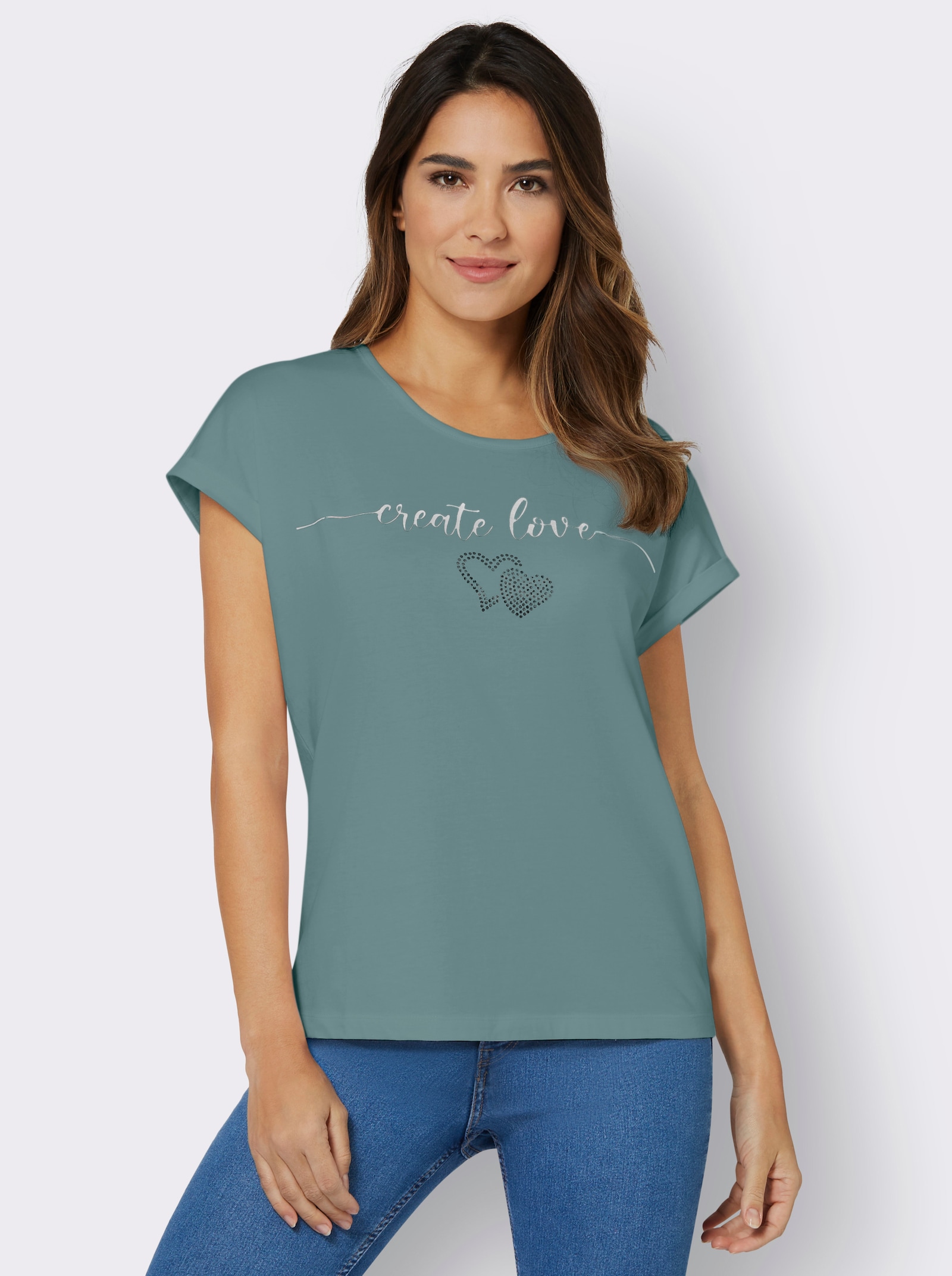 Rundhalsshirt mit Ärmel-Aufschlag - jade