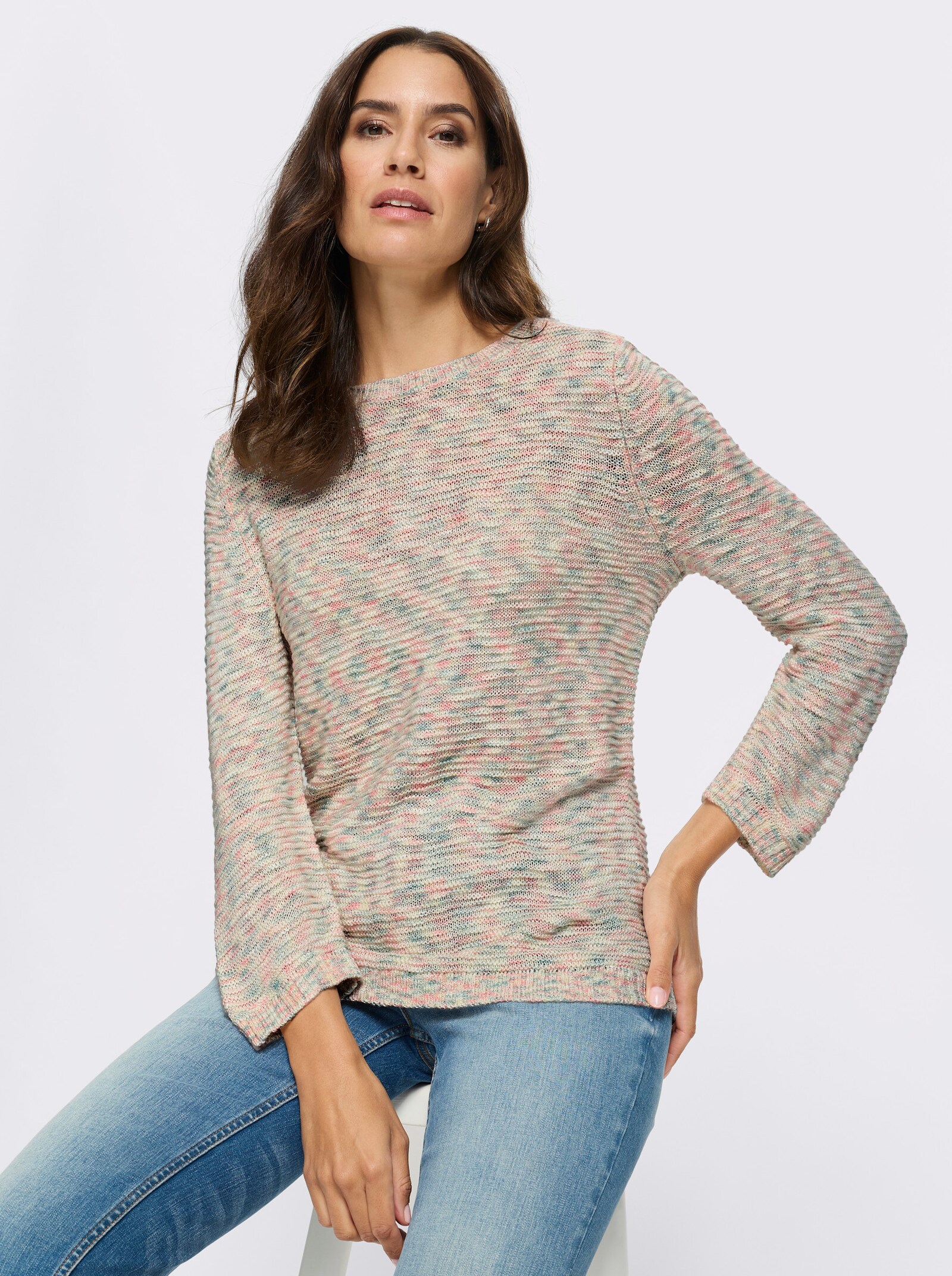 Rundhalspullover in Flammgarn - ecru-meliert