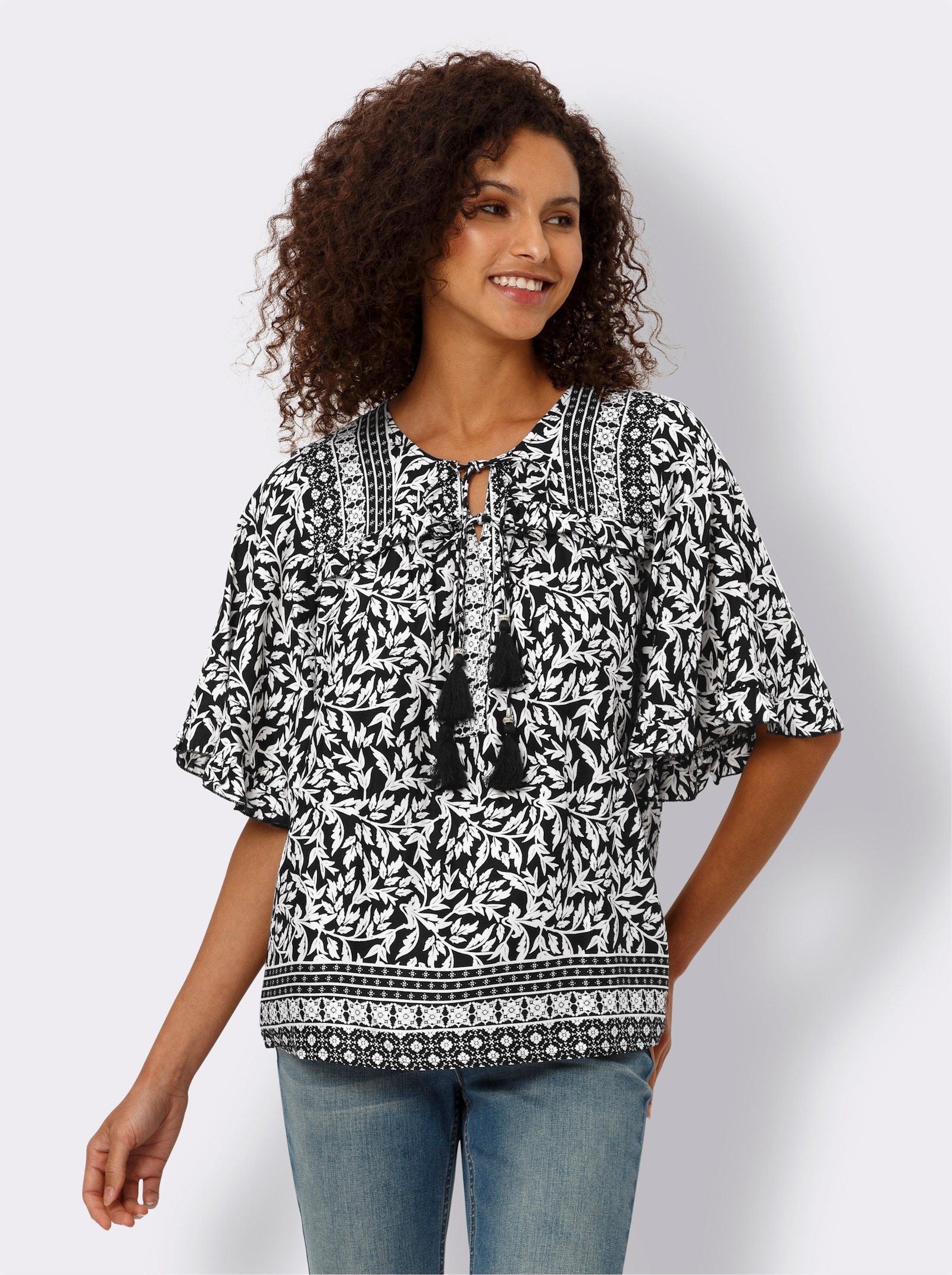 heine Druckbluse mit Blumen-Druck - schwarz-beige-bedruckt