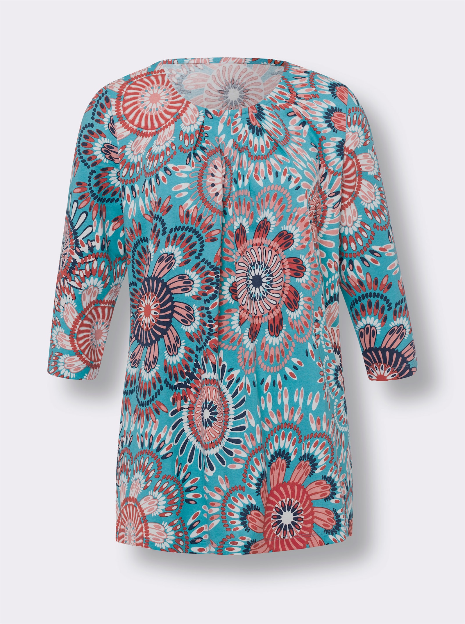 Lang shirt in lichte A-lijn - turquoise/flamingo gedrukt