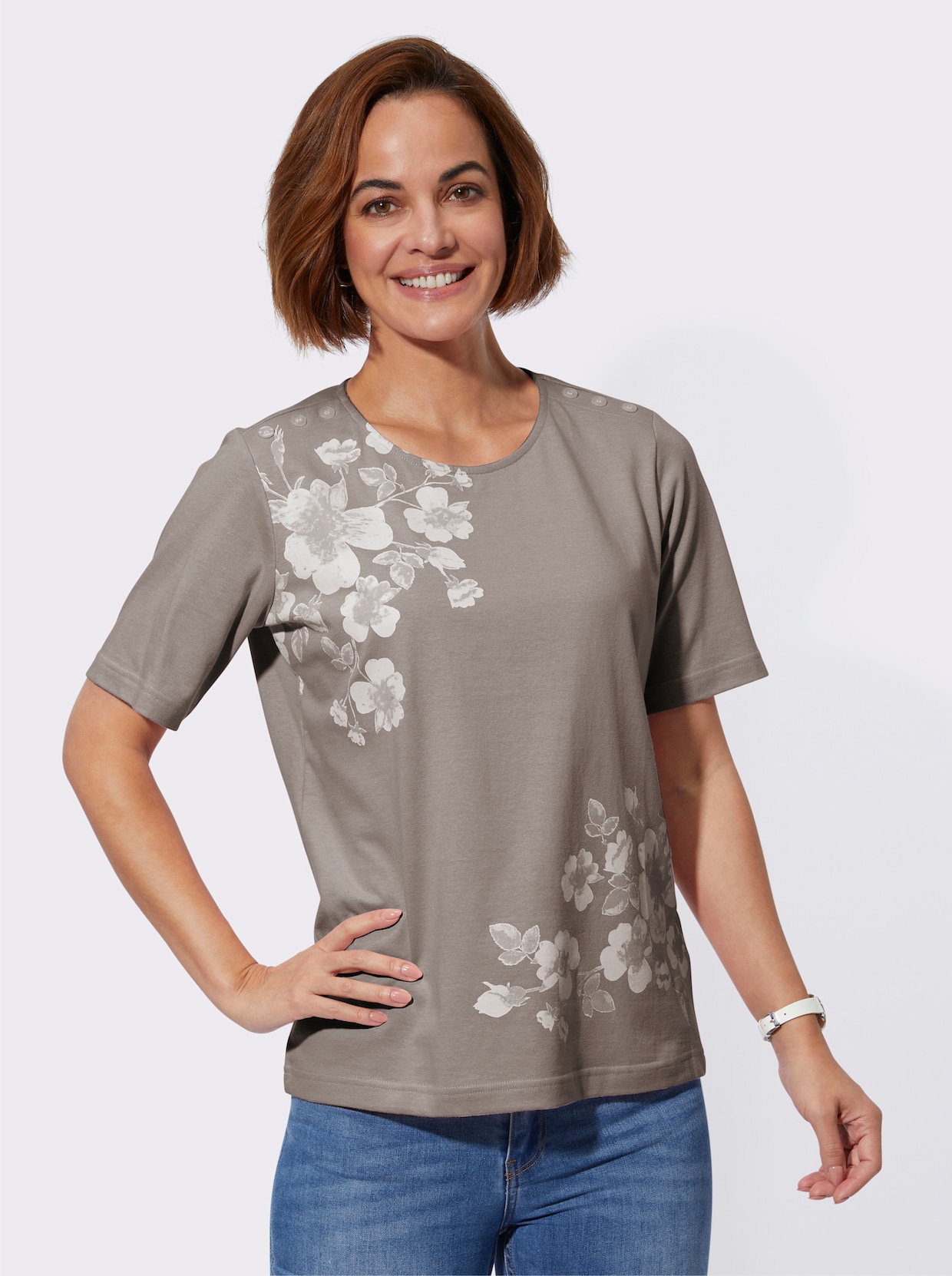 Rundhalsshirt - taupe-bedruckt