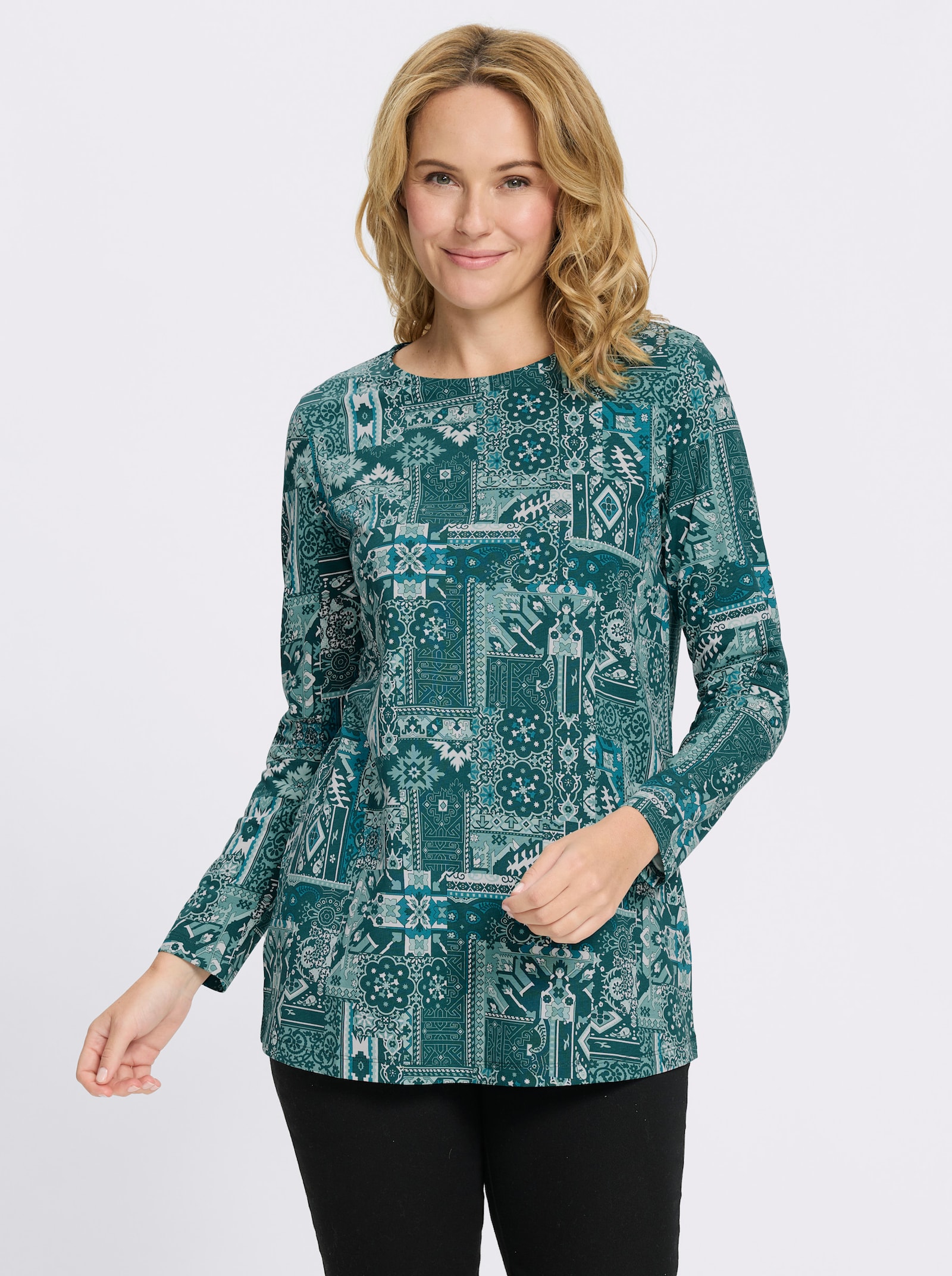 Longshirt mit Patchwork-Druck - petrol-ozean-bedruckt