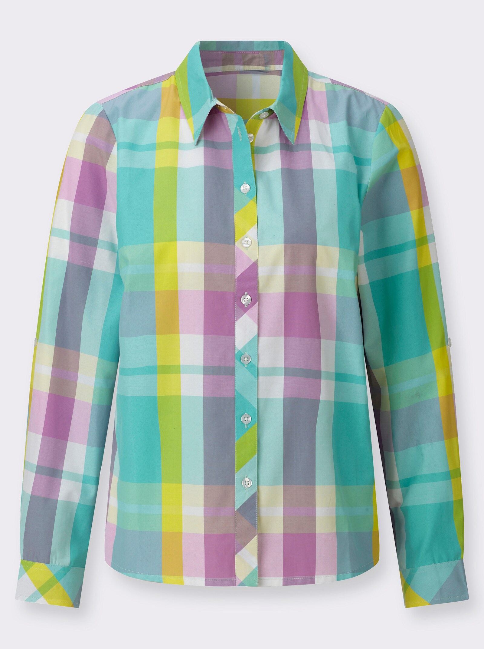 Karobluse mit Krempelärmeln - orchidee-blaugrün-kariert