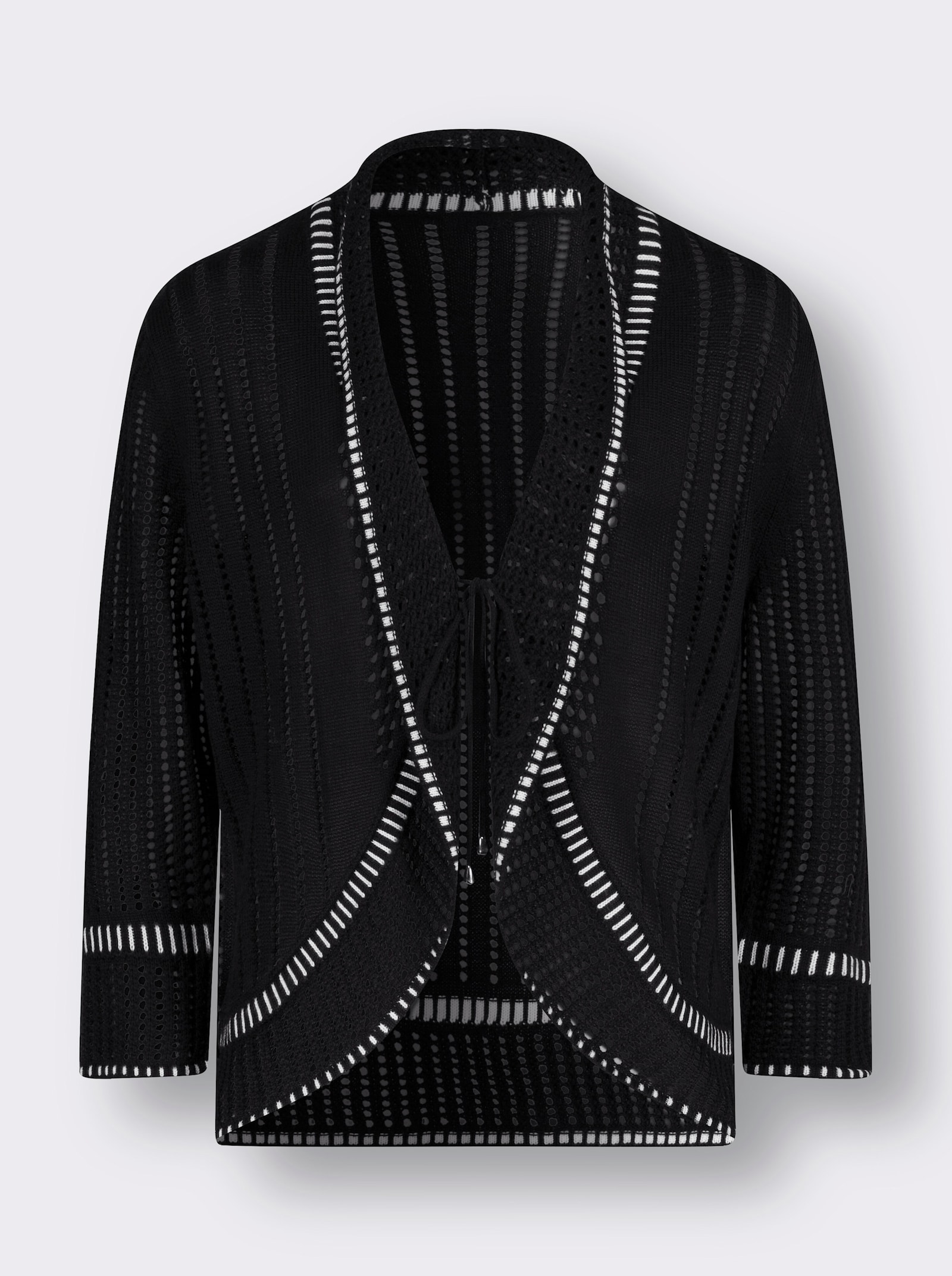 Ajourstrickjacke mit Bindeband - schwarz