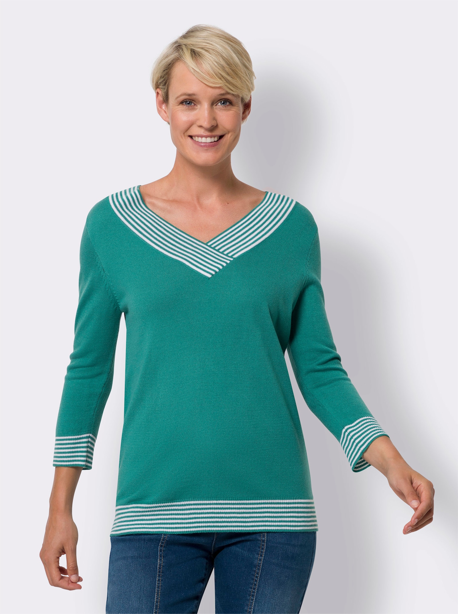 3/4 Arm-Pullover mit V-Ausschnitt - smaragd-weiss